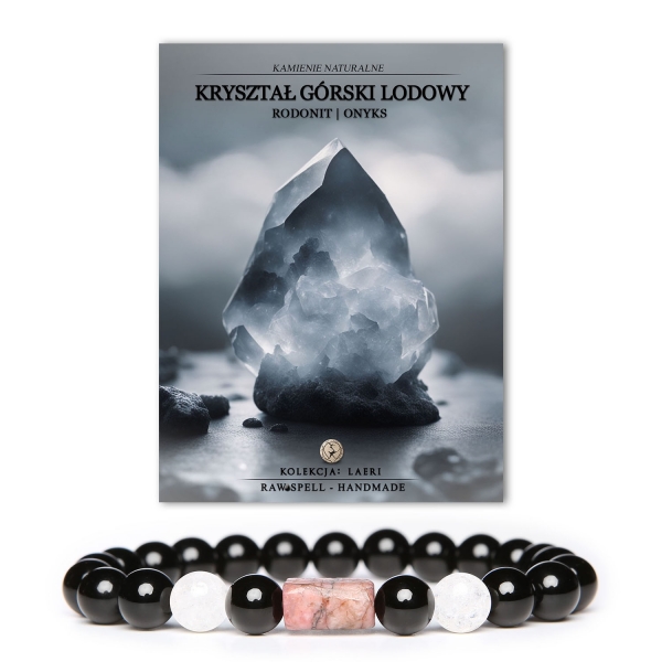 Stylowa bransoletka Laeri z Kryształem Górskim Lodowym, różowym Rodonitem i Onyksami, dedykowana zarówno kobietom, jak i mężczyznom.