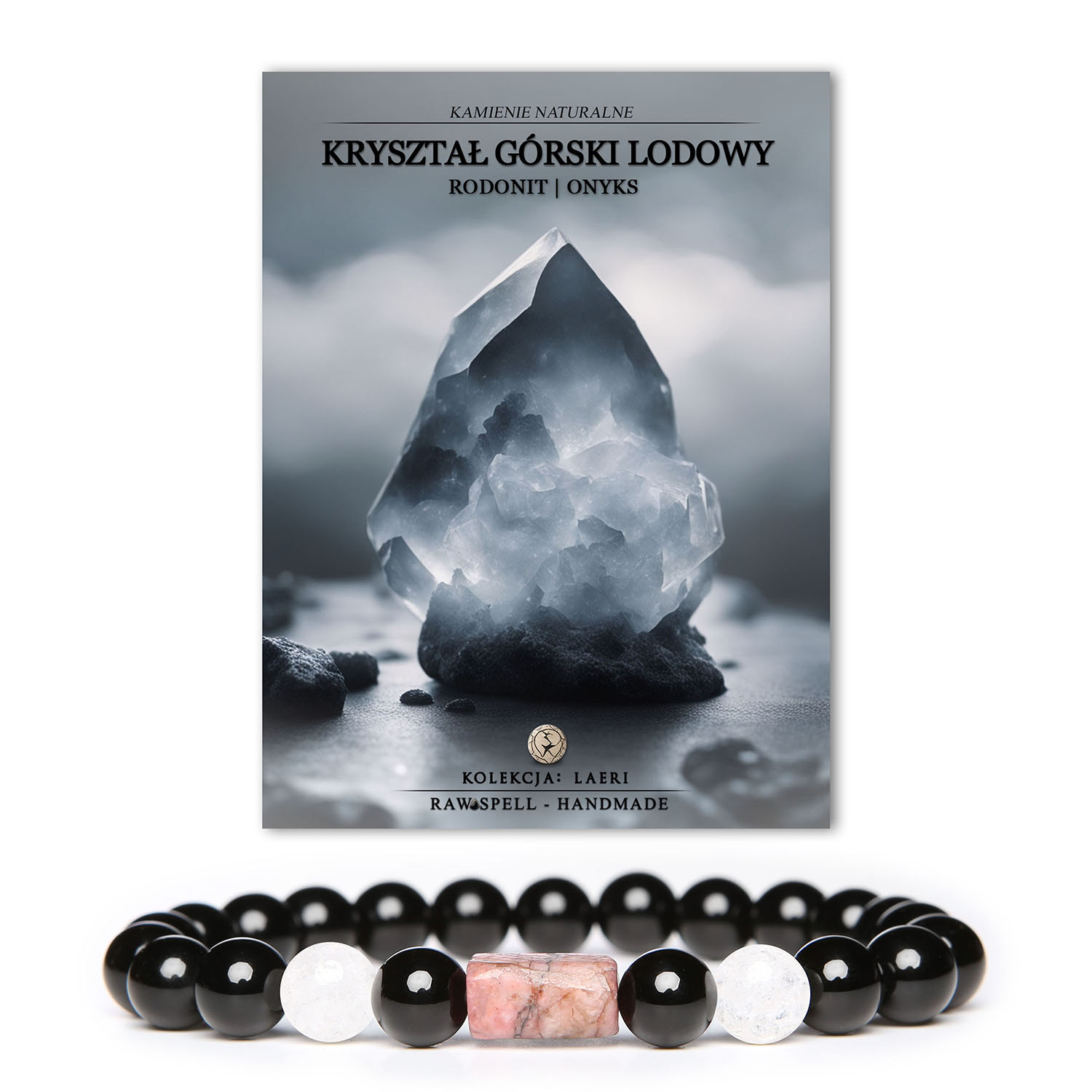 Stylowa bransoletka Laeri z Kryształem Górskim Lodowym, różowym Rodonitem i Onyksami, dedykowana zarówno kobietom, jak i mężczyznom.