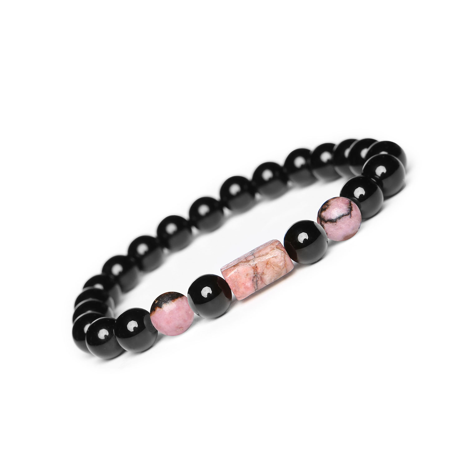 Unikalna bransoletka z rodonitu różowo-czarnego i onyksu z kolekcji Laeri, idealna dla każdego Stylowa bransoletka z kolekcji Laeri, wykonana z różowego rodonitu i onyksu, doskonała dla każdego, niezależnie od płci.