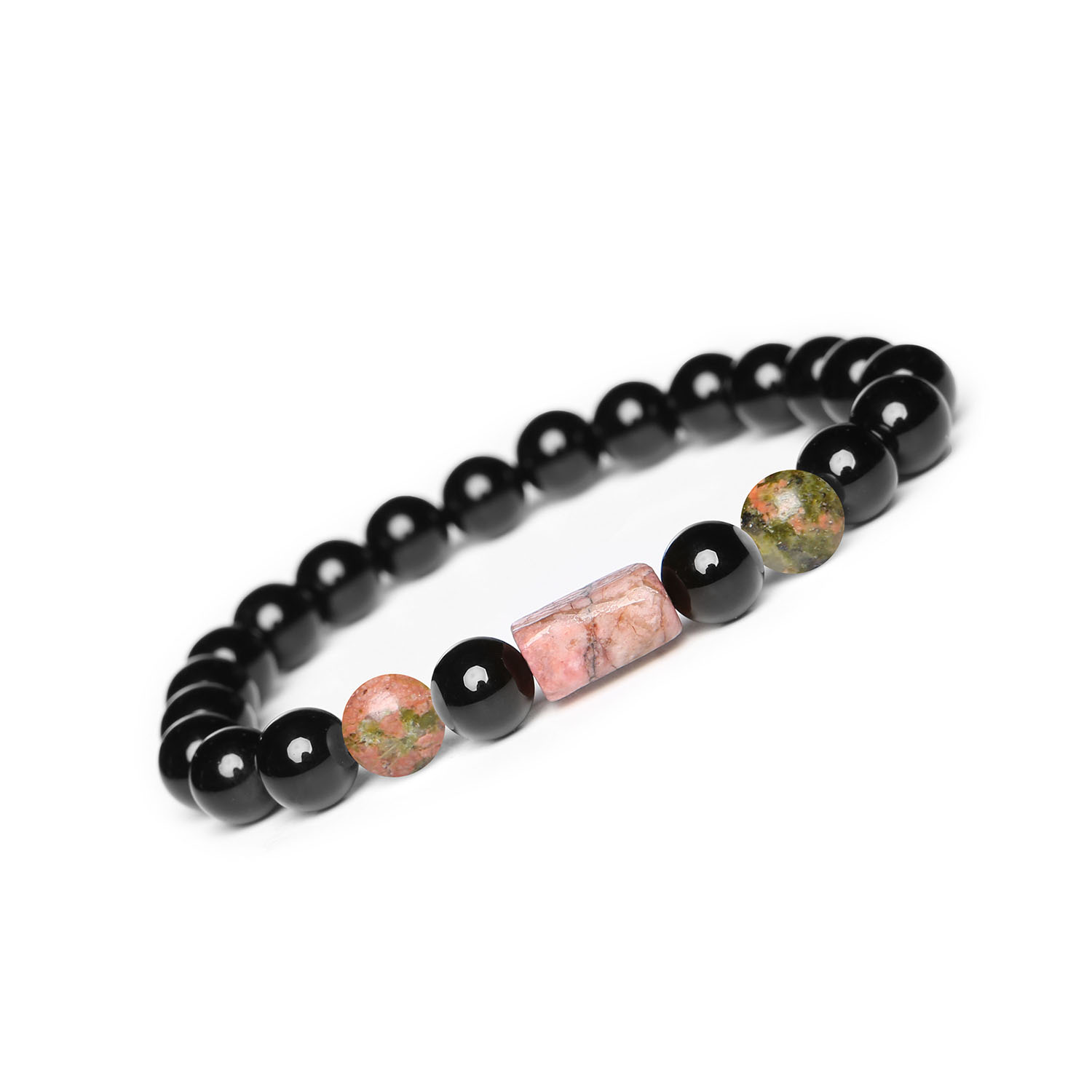 Unikatowa bransoletka Laeri na sznurku z unakitem, różowym rodonitem i onyksami dedykowana kobietom i mężczyznom Bransoletka Laeri z naturalnych kamieni: unakit, różowy rodonit i onyks, idealna dla kobiet i mężczyzn.