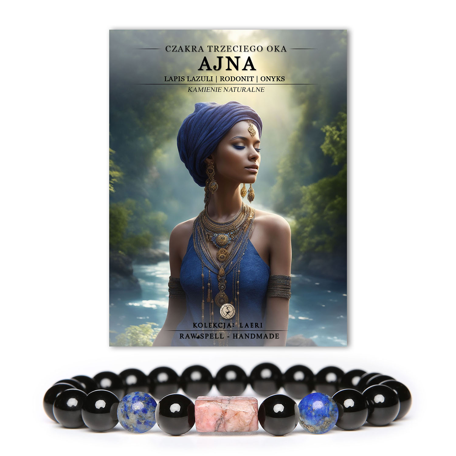 Elegancka bransoletka z naturalnych kamieni: czakra trzeciego oka Ajna, Lapis Lazuli, Rodonit i Onyks, w unikalnej kolekcji Laeri.