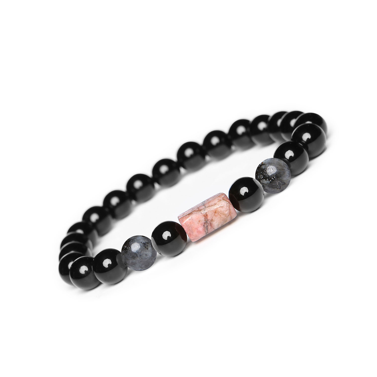 Unisexowa bransoletka na sznurku z larvikitem, rodonitem i onyksem Bransoletka z kolekcji Laeri, wykonana z naturalnych kamieni: larvikit, różowy rodonit i onyks, idealna dla kobiet i mężczyzn.