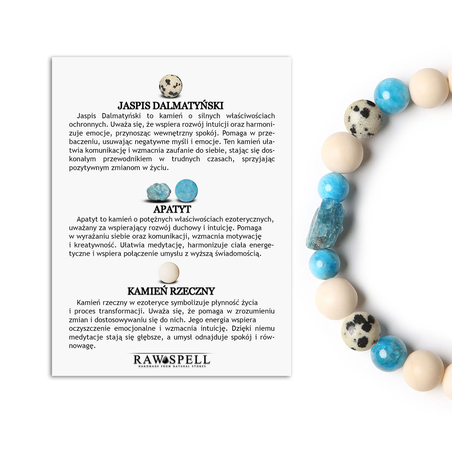 Uniwersalna bransoletka na gumce Fair z jaspisem dalmatyńskim, apatytu oraz kamieniem rzecznym Bransoletka Fair z naturalnych kamieni: jaspis dalmatyński, apatyt i kamień rzeczny - unisex dla kobiet i mężczyzn.