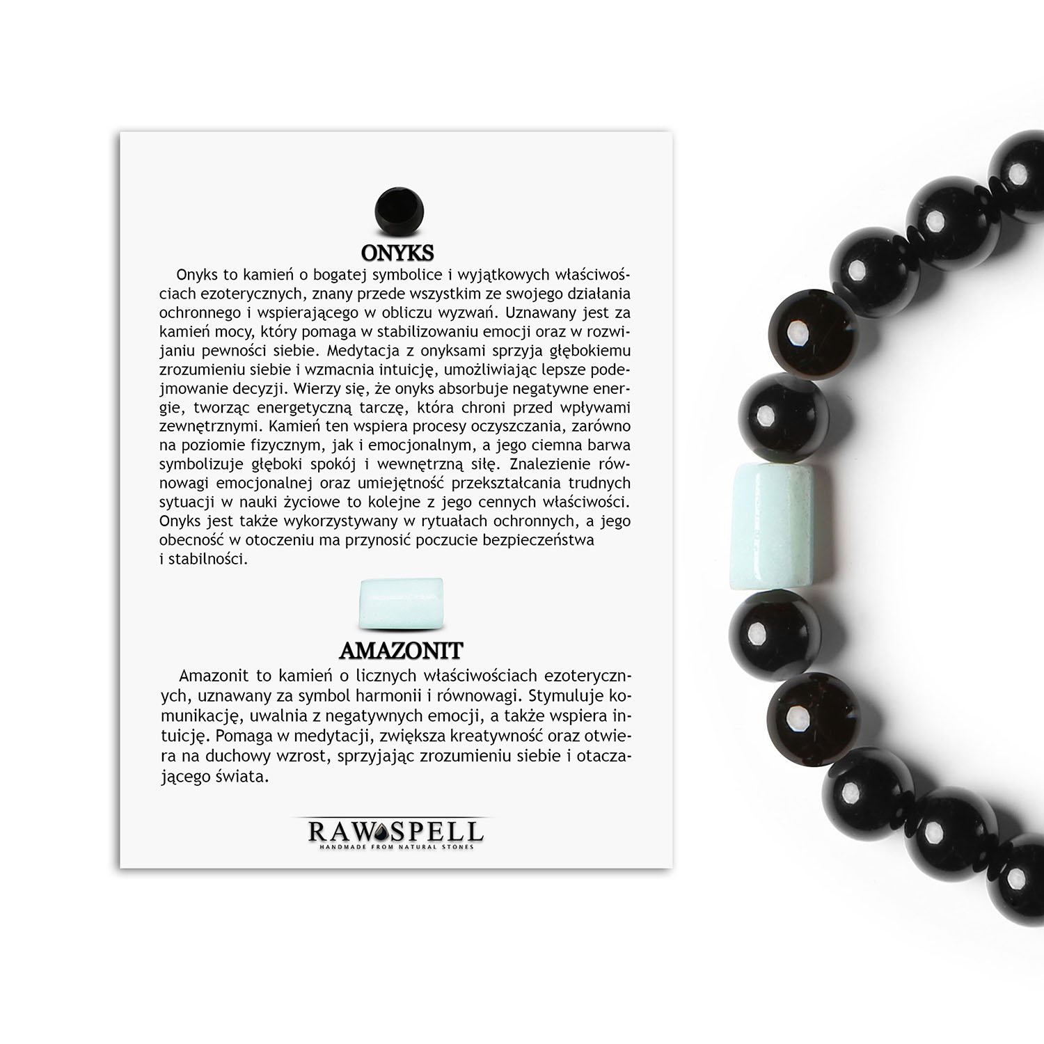 Uniwersalna bransoletka na gumce Laeri wykonana z onyksu i amazonitu dla każdego Bransoletka Laeri z naturalnych kamieni: onyks i amazonit, idealna dla kobiet i mężczyzn.