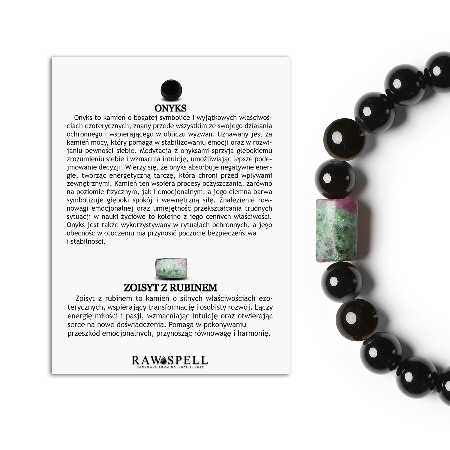 Uniwersalna bransoletka na gumce Laeri z Onyksu i Zoisyt z Rubinem dla wszystkich Bransoletka na gumce Laeri z naturalnych kamieni: onyks oraz zoisit z rubinem, dedykowana zarówno kobietom, jak i mężczyznom.