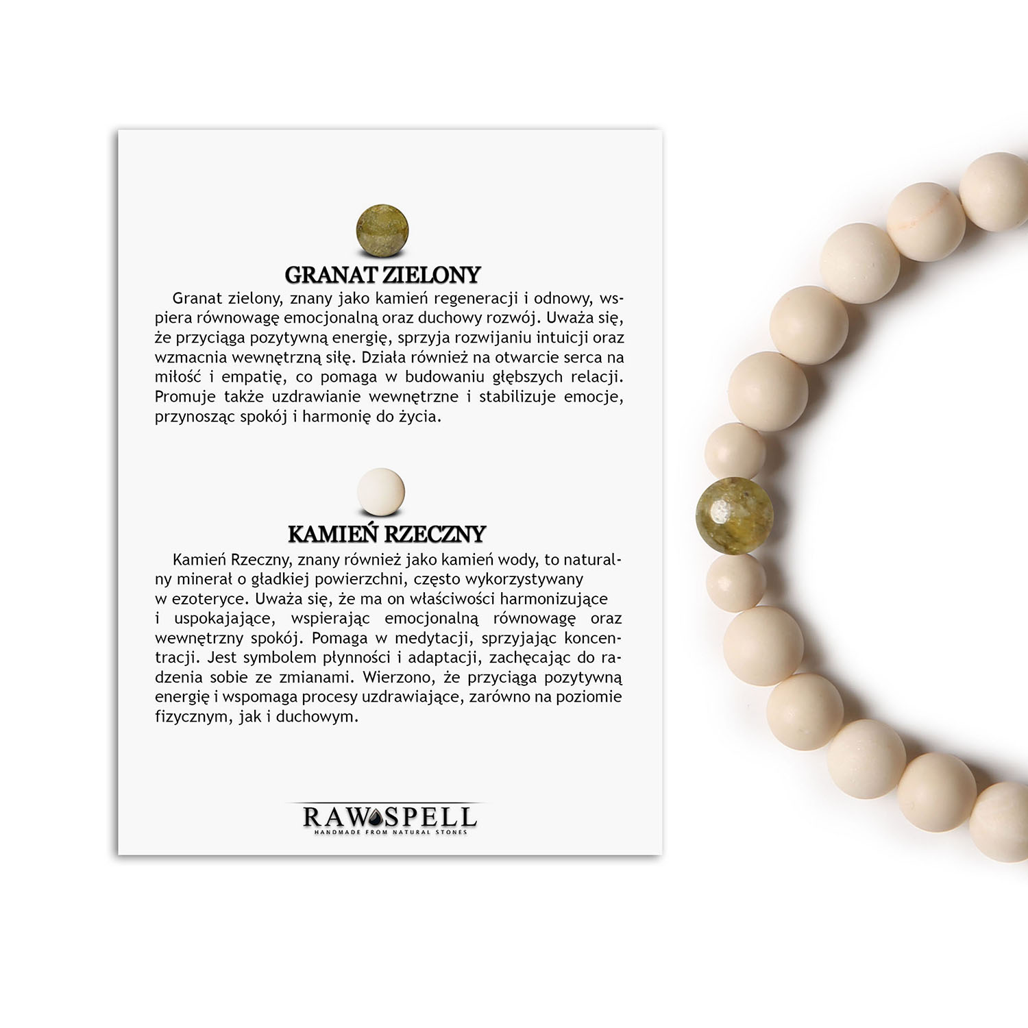 Uniwersalna bransoletka na gumce z kolekcji Binthe, czerwony agat crackle oraz kamień rzeczny dla każdego Bransoletka z kolekcji Binthe, wykonana z zielonego granatu i kamienia rzecznego, dedykowana zarówno kobietom, jak i mężczyznom.