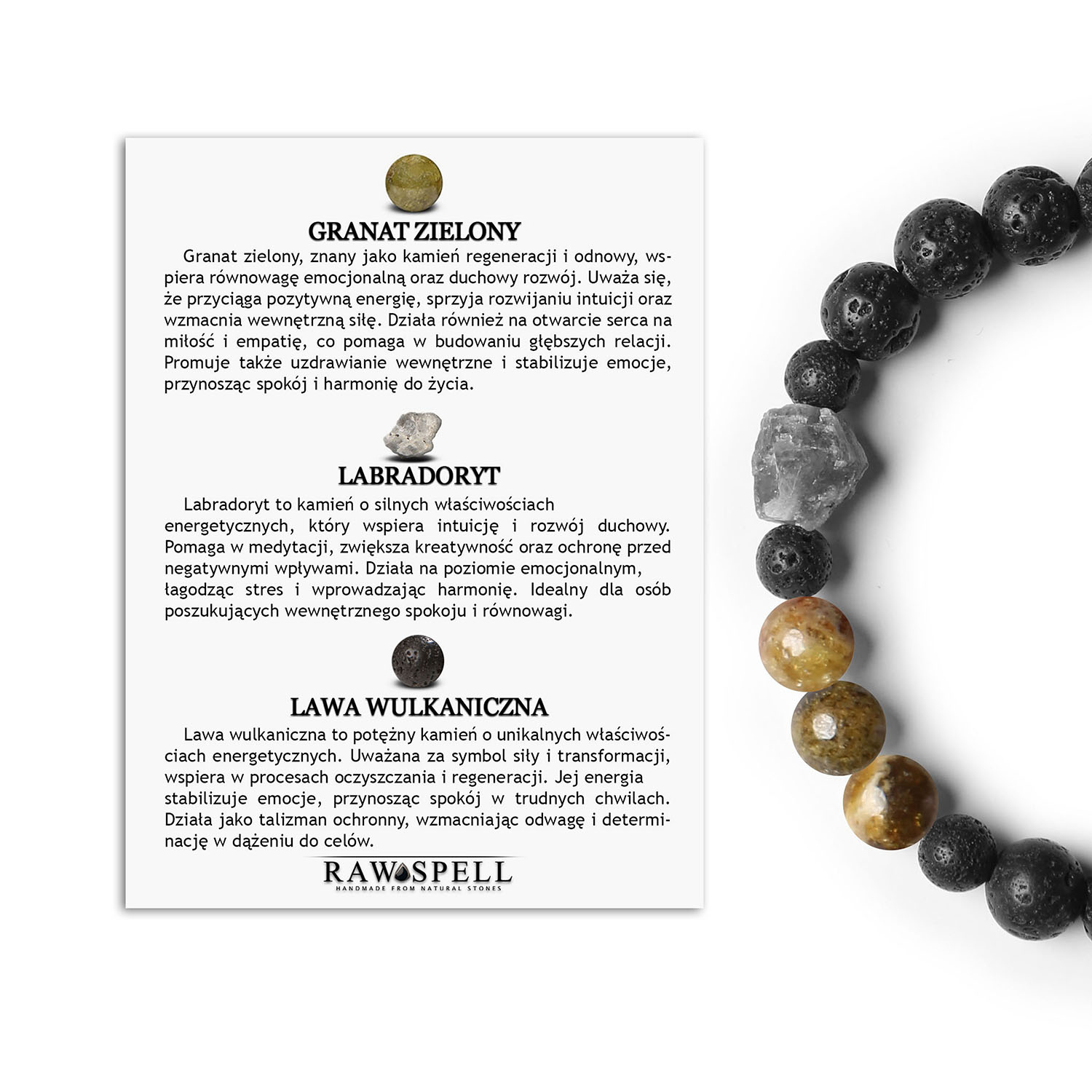 Uniwersalna bransoletka na gumce z kolekcji Derdr w granatowo-zielonym stylu, z labradorytem i lawą wulkaniczną dla kobiet i mężczyzn Bransoletka z kolekcji Derdr z naturalnymi kamieniami: granat zielony, labradoryt oraz lawa wulkaniczna, idealna dla kobiet i mężczyzn.