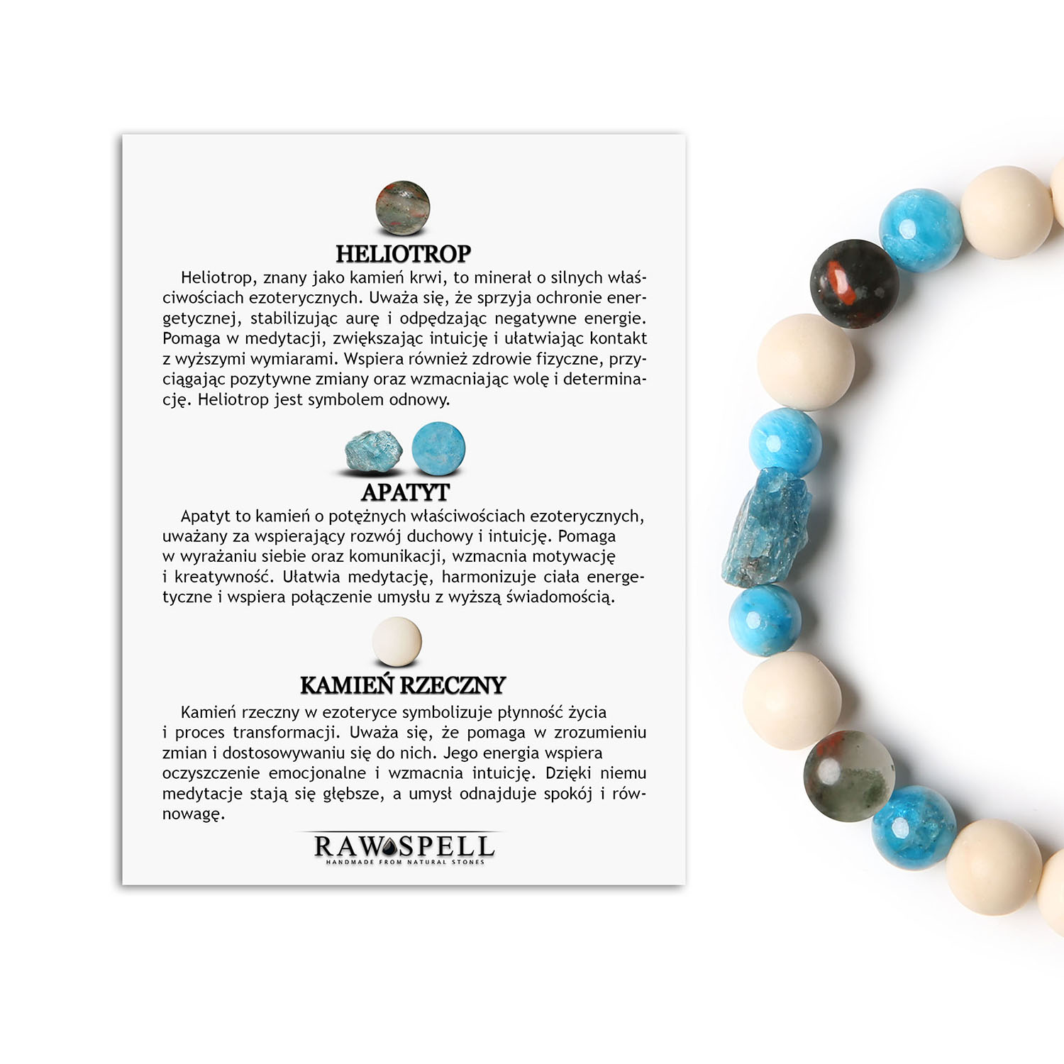 Uniwersalna bransoletka na gumce z kolekcji Fair, zdobiona Heliotropem, Apatytem i Kamieniem Rzecznym Bransoletka z kolekcji Fair, z naturalnymi kamieniami: heliotrop, apatyt i kamień rzeczny, idealna dla kobiet i mężczyzn.