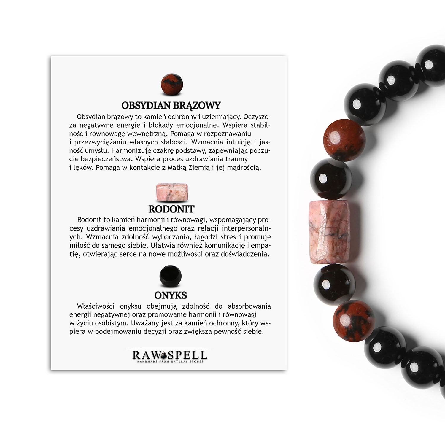 Uniwersalna bransoletka na sznurku z obsydianu brązowego, rodonitu różowego i onyksu z kolekcji Laeri, dedykowana kobietom i męż Bransoletka Laeri z naturalnych kamieni: brązowy obsydian, rodonit w kolorze różowym oraz onyks, stworzona z myślą o kobietach i mężczyznach.