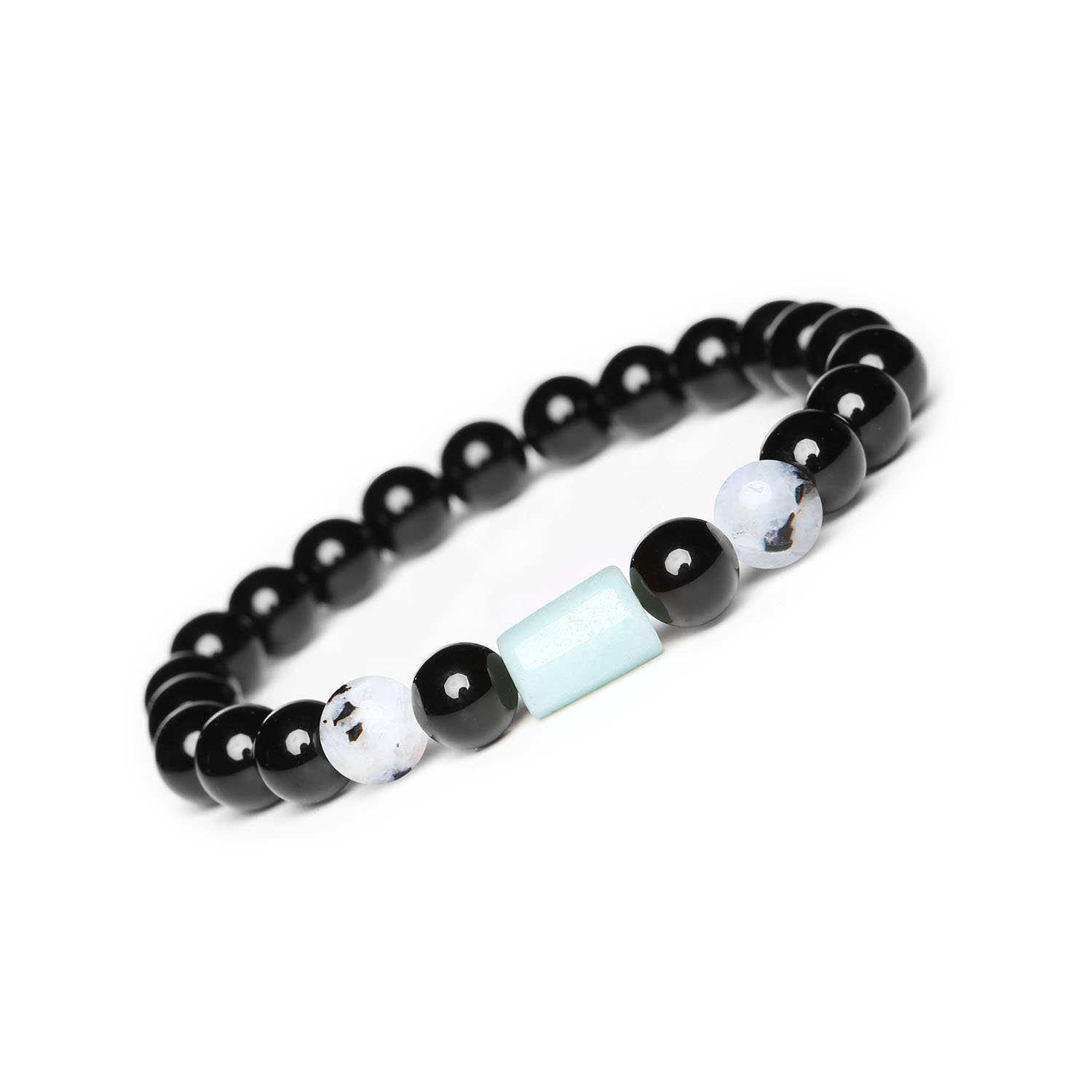 Wyraziste design Laeri z Kolekcji Kamień Księżycowy Łaciaty, Amazonit i Onyks - dla każdego, kogo interesują unikalne kolc Bransoletka Laeri z naturalnymi kamieniami: Księżycowy Łaciaty, Amazonit i Onyks, unisex - dla kobiet i mężczyzn.