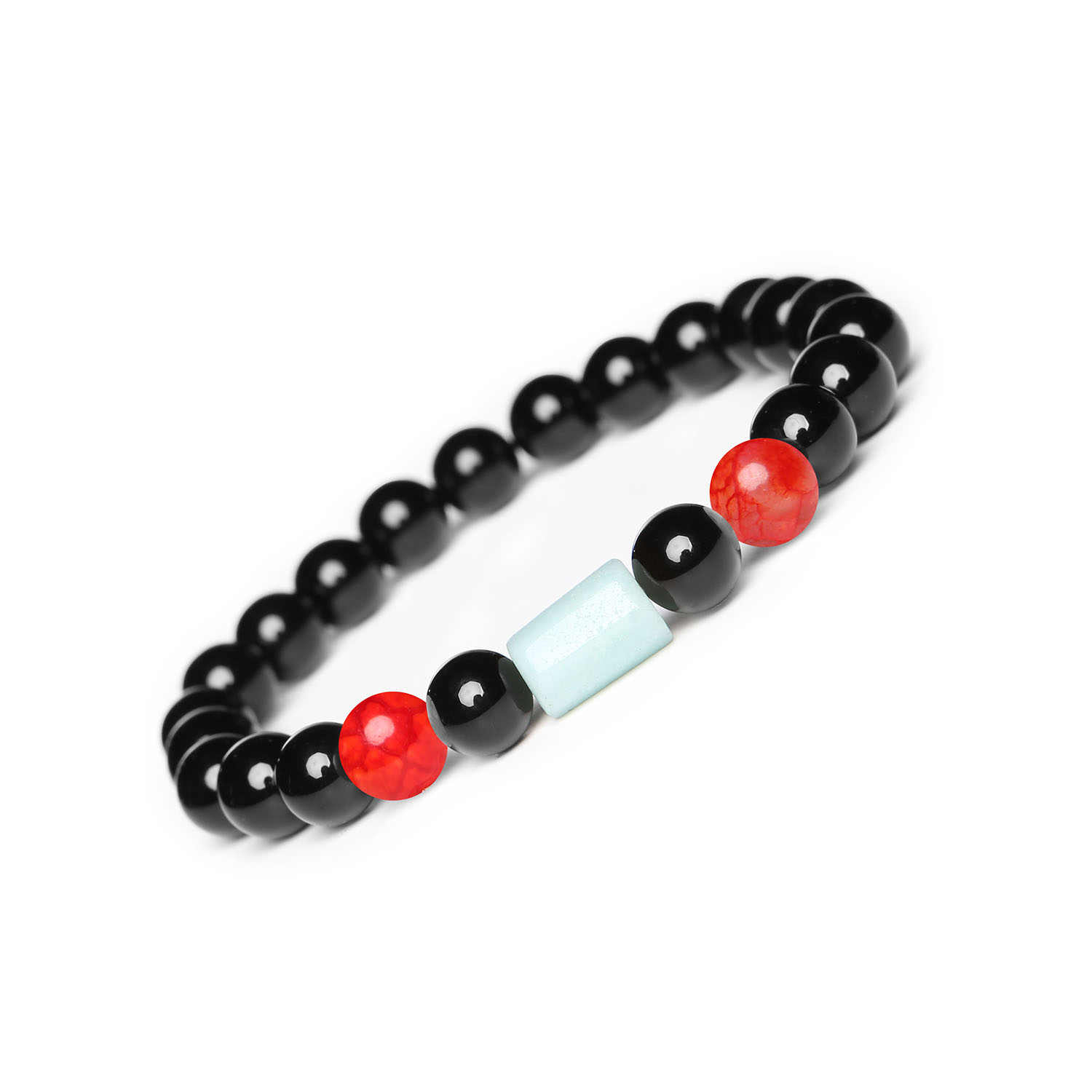 Zjawiskowa bransoletka Laeri z gumki, Agatem Czerwonym Crackle, Amazonitem i Onyks dla kobiet i mężczyzn Bransoletka Laeri z kamieni naturalnych: Agat Czerwony Crackle, Amazonit i Onyks - unisex, idealna dla kobiet i mężczyzn.