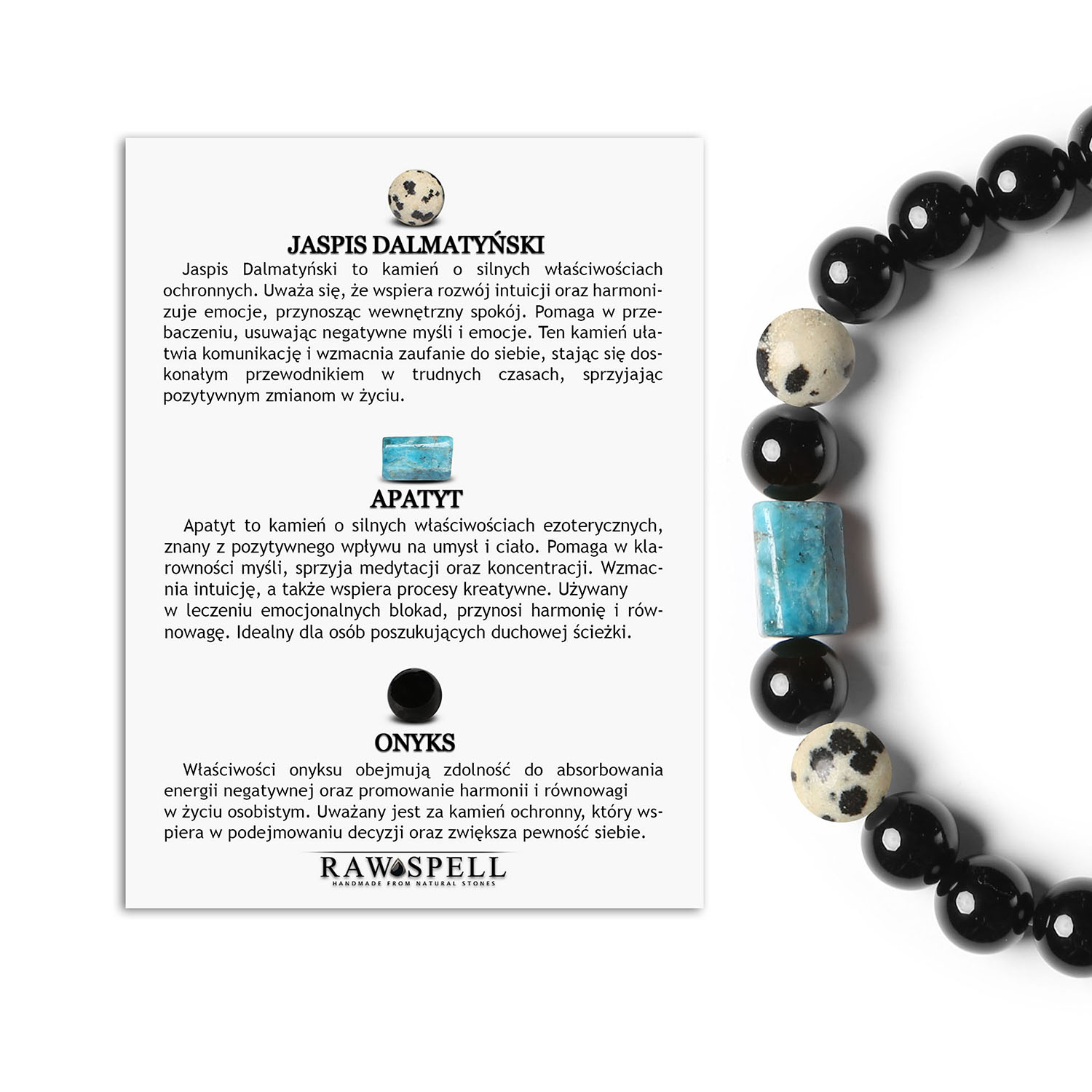 Zjawiskowa bransoletka na gumce Laeri z jaspisem dalmatyńskim, apatytami i onyksem - unisex Bransoletka z kolekcji Laeri z naturalnymi kamieniami: jaspisem dalmatyńskim, apatytami i onyksem, idealna dla kobiet i mężczyzn.