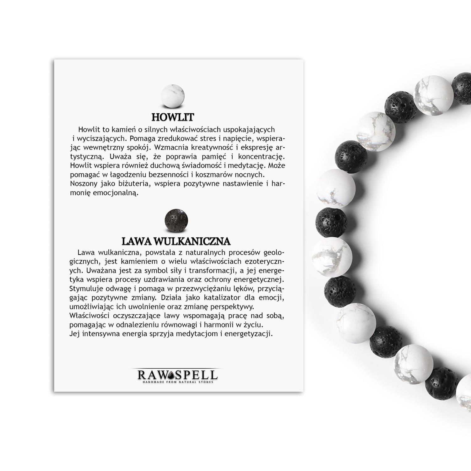 Bransoletka Howlit i Lawa Wulkaniczna na gumce z kolekcji Mijaha, doskonała dla kobiet i mężczyzn Elegancka bransoletka z kolekcji Mijaha, z kamieni Howlit i lawy wulkanicznej, odpowiednia dla obu płci.