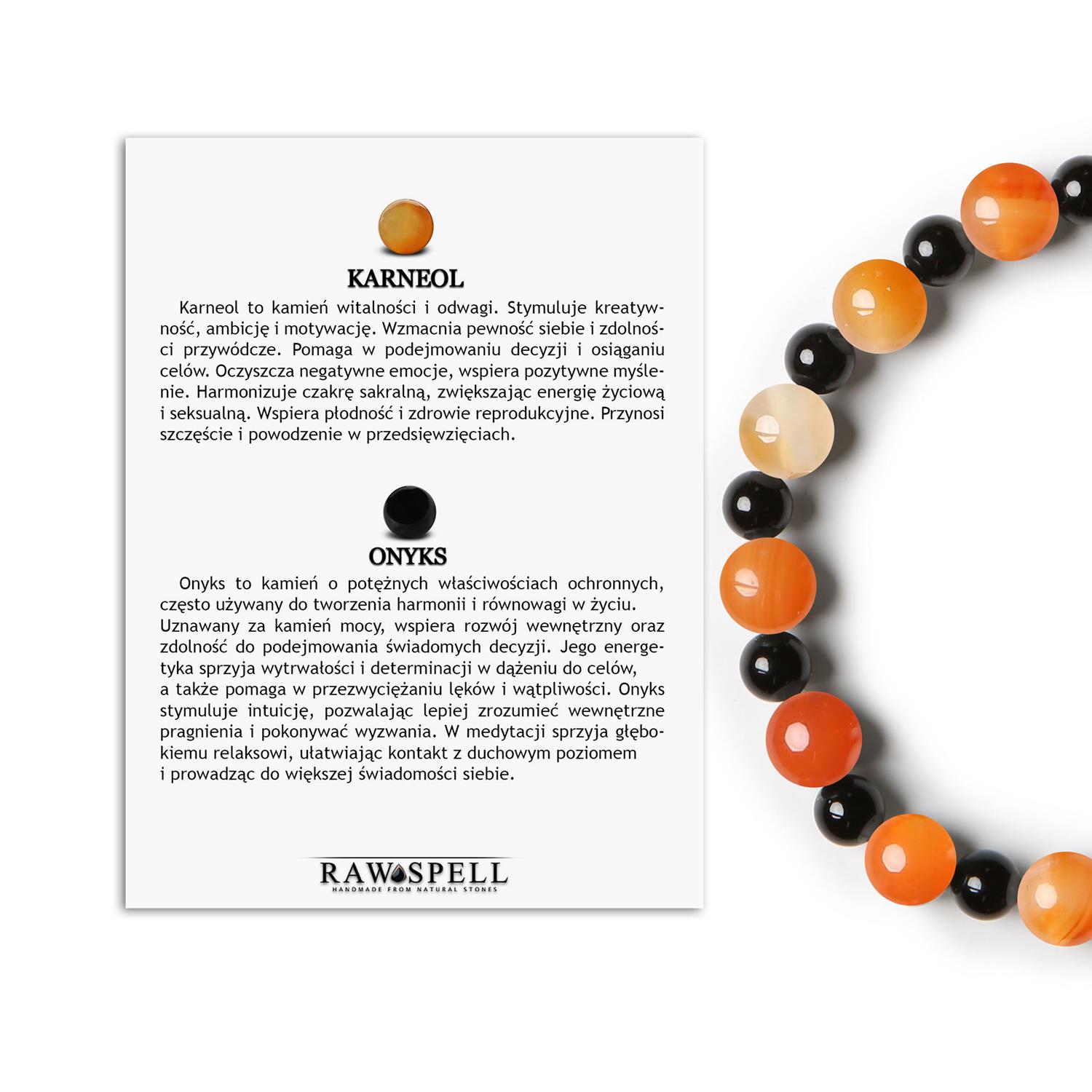 Bransoletka Mijaha na gumce z Karneolem i Onyksami, idealna dla Kobiet i Mężczyzn Mijaha: Bransoletka z kamieni naturalnych - Karneol i Onyks dla każdego