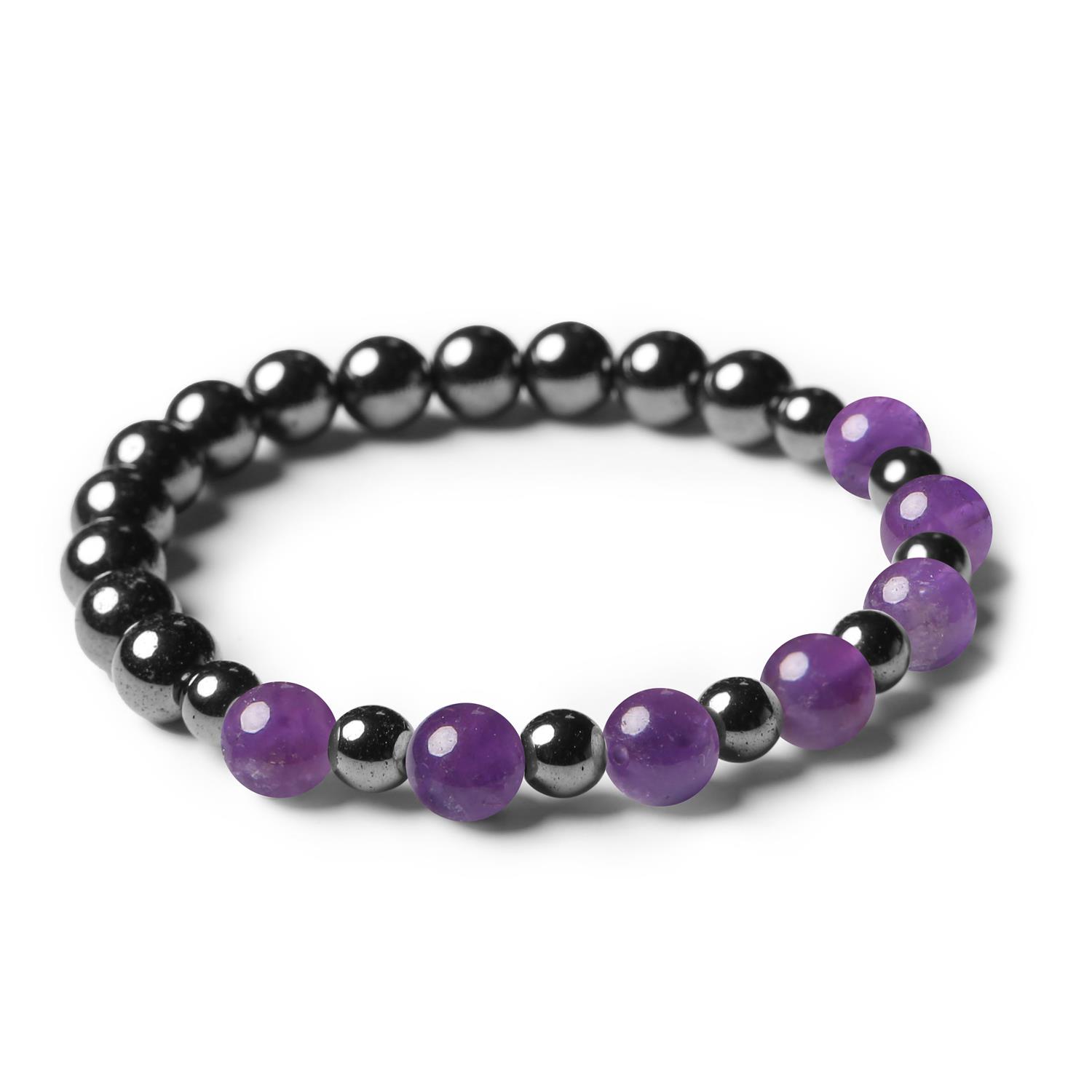 Bransoletka z kolekcji Mijaha z naturalnymi kamieniami: ametyst i hematyt grafitowy, idealna dla kobiet i mężczyzn.
