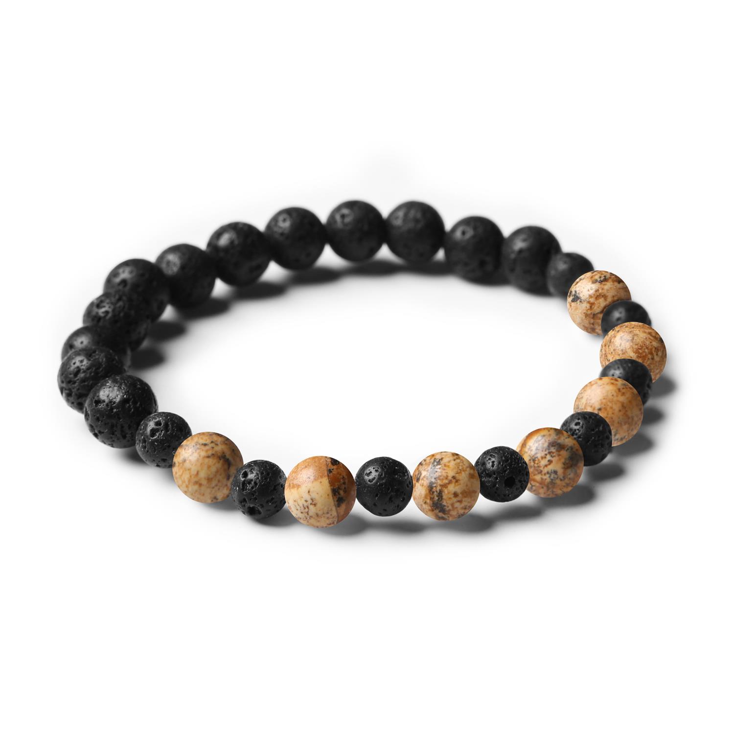 Bransoletka Mijaha z kamieni naturalnych, w tym jaspisu obrazkowego i lawy wulkanicznej, doskonała dla każdej płci.