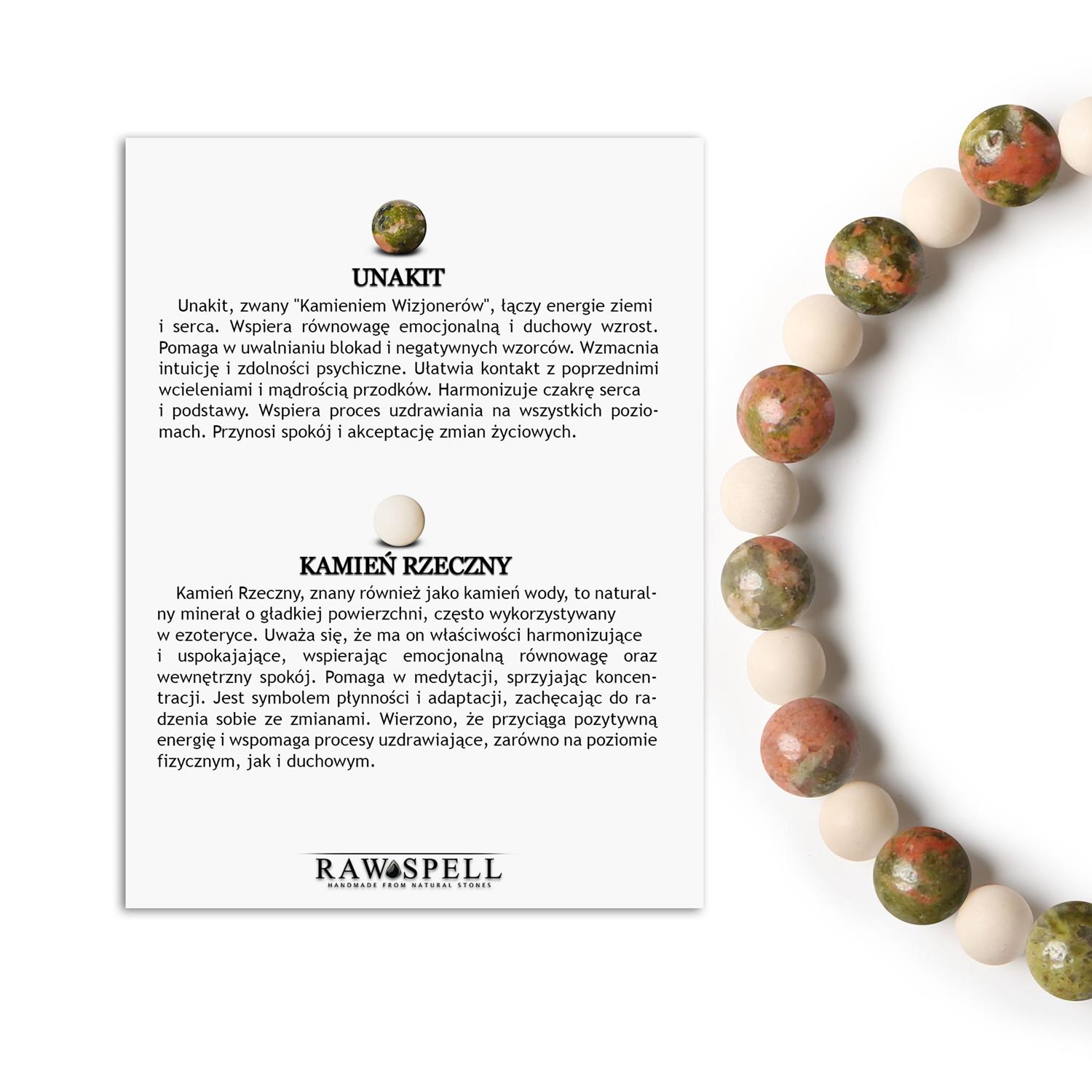 Bransoletka Mijaha z Unikatem i Kamieniem Rzecznym - Stylowy dodatek dla kobiet i mężczyzn Bransoletka Mijaha z unakitem i kamieniem rzecznym, modny akcesorium dla kobiet i mężczyzn, stworzona z naturalnych materiałów.