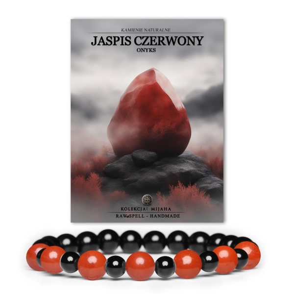 Bransoletka Mijaha z naturalnymi kamieniami, w tym jaspisem czerwonym i onyksami, idealna dla kobiet i mężczyzn.