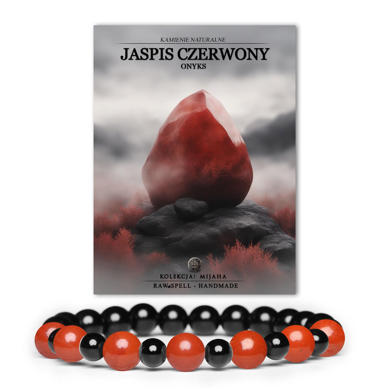 Bransoletka Mijaha z naturalnymi kamieniami, w tym jaspisem czerwonym i onyksami, idealna dla kobiet i mężczyzn.