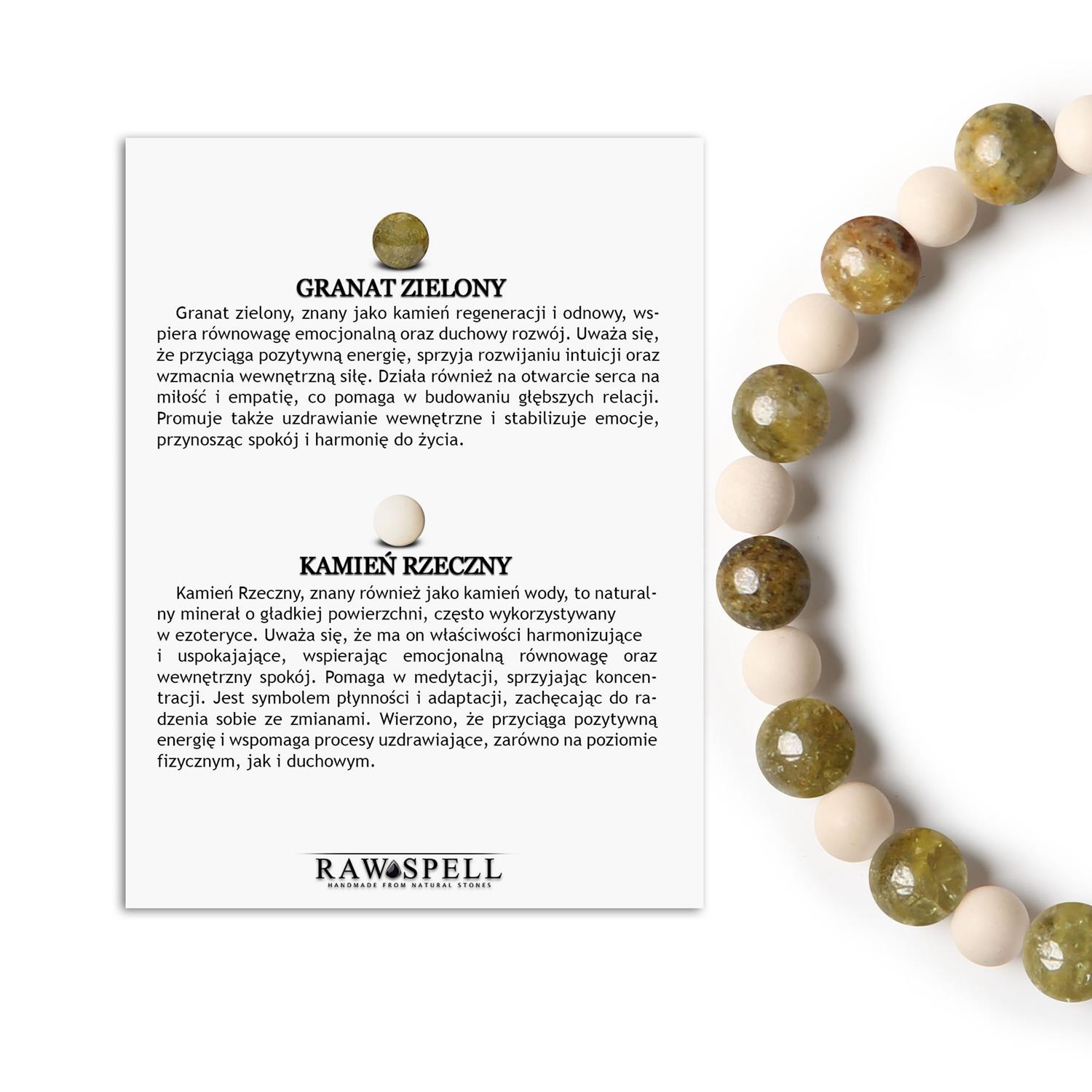 Bransoletka Mijaha z gumki z Granatem Zielonym i Kamieniem Rzecznym, idealna dla każdego Naturalna bransoletka z kolekcji Mijaha, z zielonym granatem i kamieniem rzecznym, dla kobiet i mężczyzn szukających unikalnych akcesoriów.