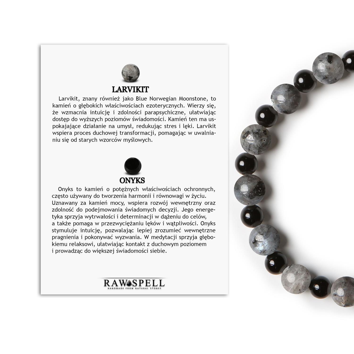 Bransoletka Mijaha z kamieni Larvikit i Onyks na gumce – doskonały dodatek dla kobiet i mężczyzn Elegancka bransoletka z kamieni naturalnych Mijaha - Larvikit i Onyks dla każdego