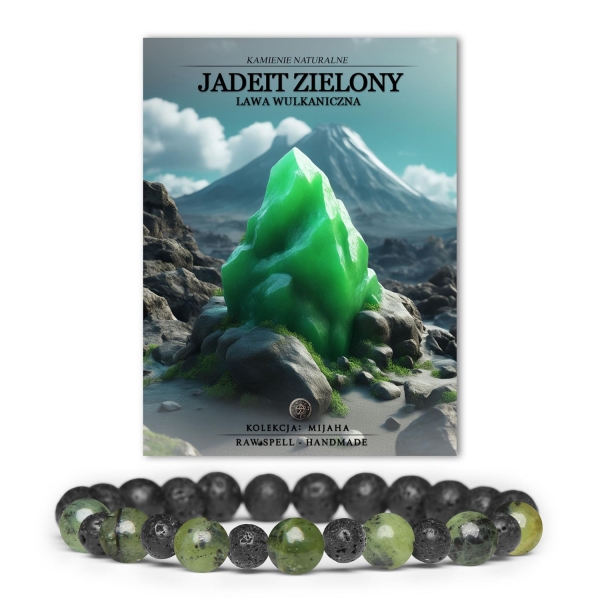 Bransoletka z kolekcji Mijaha, wykonana z naturalnych kamieni - jadeitu zielonego i lawy wulkanicznej, dedykowana zarówno dla kobiet, jak i mężczyzn.