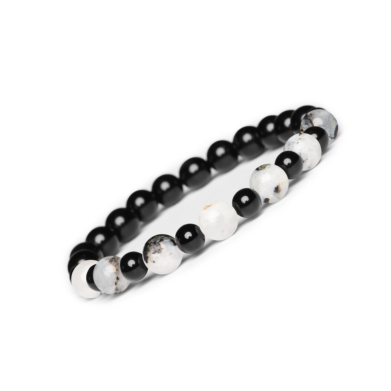 Bransoletka Mijaha z kamieni naturalnych Kamień Księżycowy Łaciaty i Onyks, dla kobiet i mężczyzn Kolekcja Mijaha: Bransoletka z kamieni naturalnych na gumce z Kamieniem Księżycowym Łaciatym i Onyksami, unisex