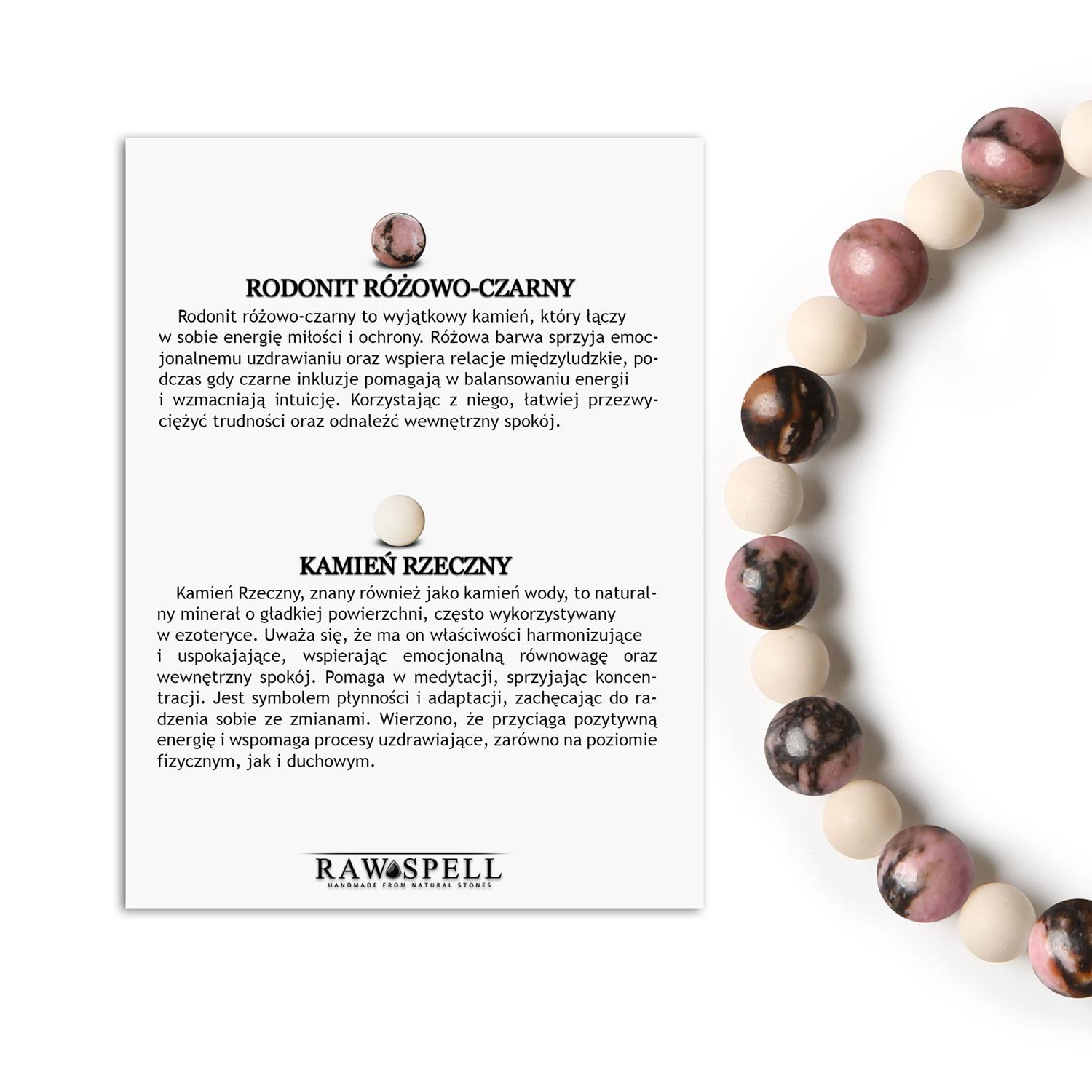 Bransoletka Mijaha z kamieni naturalnych na gumce - Rodonit Różowo-Czarny i Kamień Rzeczny dla każd Stylowa bransoletka z kolekcji Mijaha z kamieniami naturalnymi: rodonit w odcieniach różu i czerni oraz kamień rzeczny, doskonała dla obu płci.