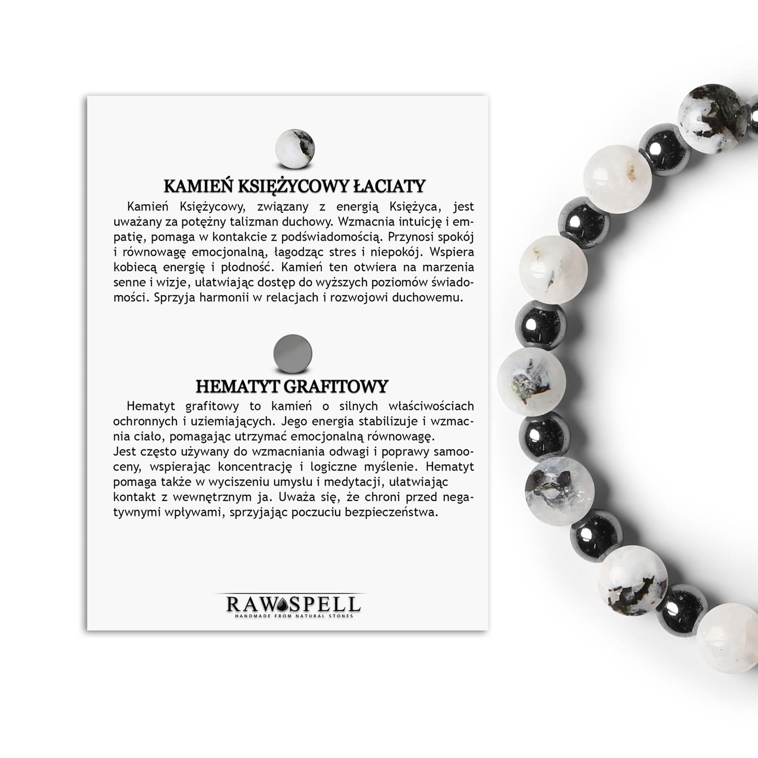 Bransoletka Mijaha z kamieni naturalnych na gumce - stylowy mix Kamienia Księżycowego Łacia Stylowy zestaw Kamienia Księżycowego Łaciatego i Hematytu grafitowego, unikalna biżuteria z kolekcji Mijaha, idealna dla każdej płci.