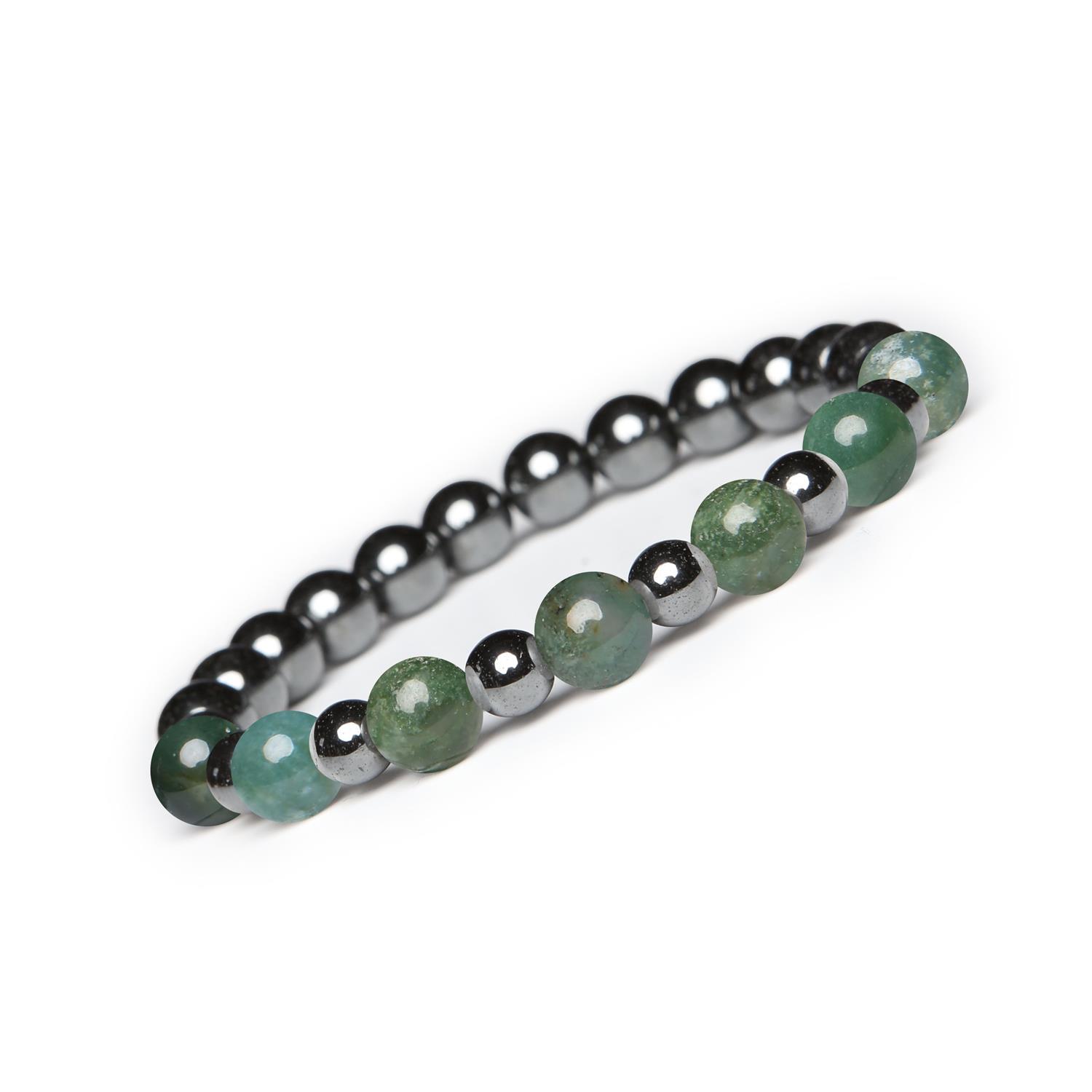 Bransoletka Mijaha z naturalnych kamieni Agat Mszysty i Hematyt grafitowy, idealna dla kobiet i mę Stylowe akcesoria z naturalnych kamieni: Agat Mszysty i Hematyt grafitowy, dostępne dla wszystkich.