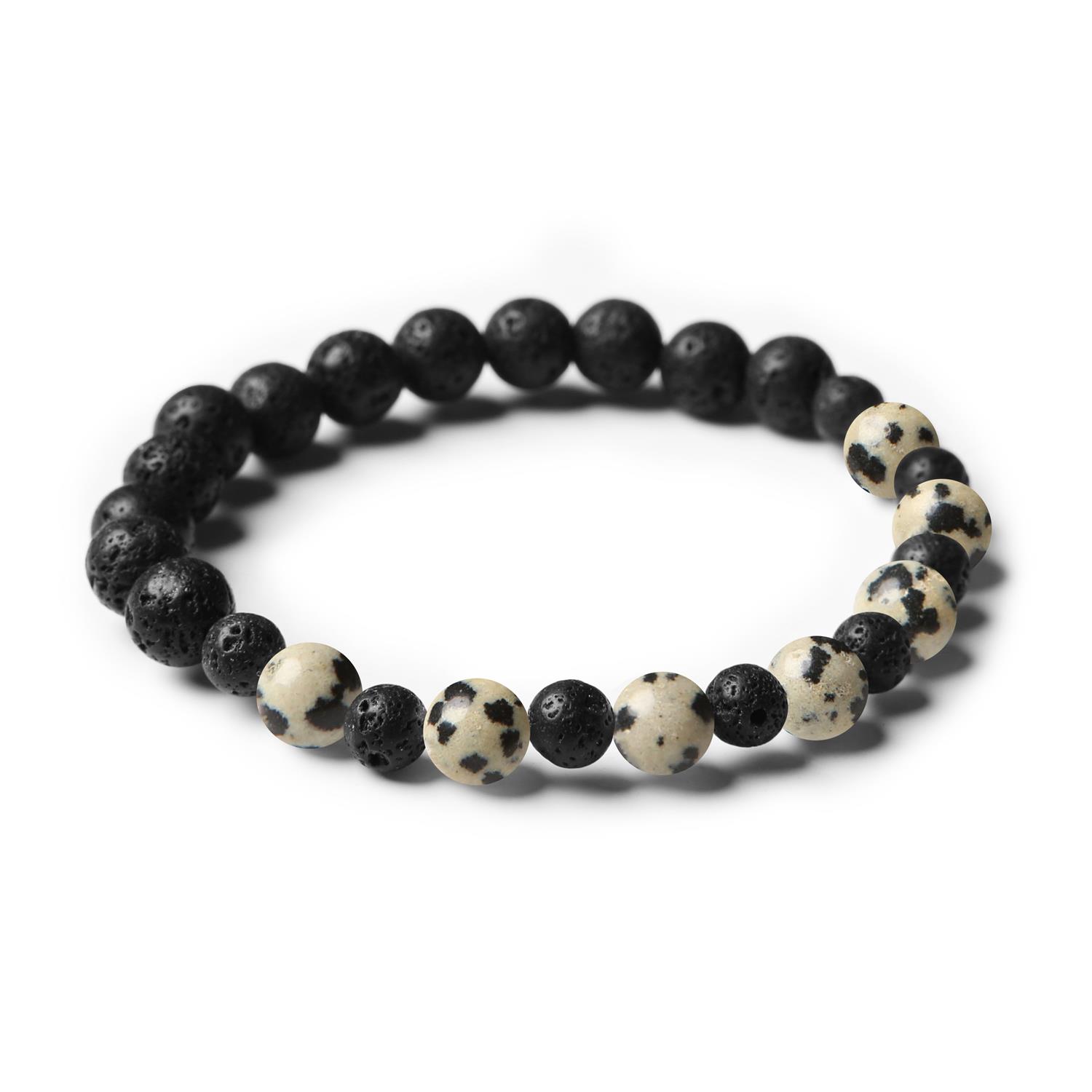 Zestaw biżuterii z jaspisu dalmatyńskiego oraz lawy wulkanicznej, stworzony z myślą o kobietach i mężczyznach.