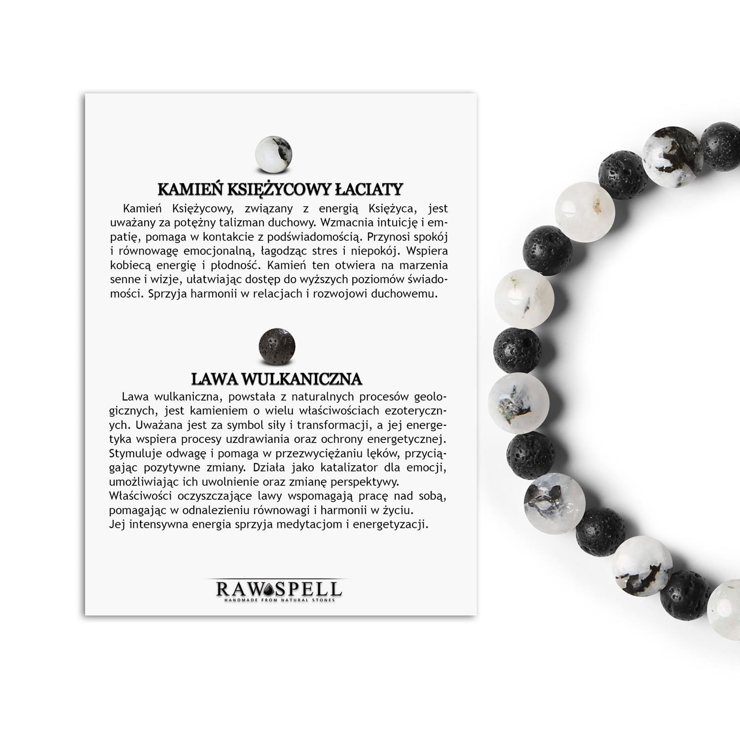 Bransoletka Mijaha z naturalnych kamieni, Kamień Księżycowy Łaciaty i Lawa Wulkaniczna Stylowa bransoletka z kolekcji Mijaha, wykonana z Kamienia Księżycowego Łaciatego i Wulkanicznej Lawy - uniwersalna dla kobiet i mężczyzn.