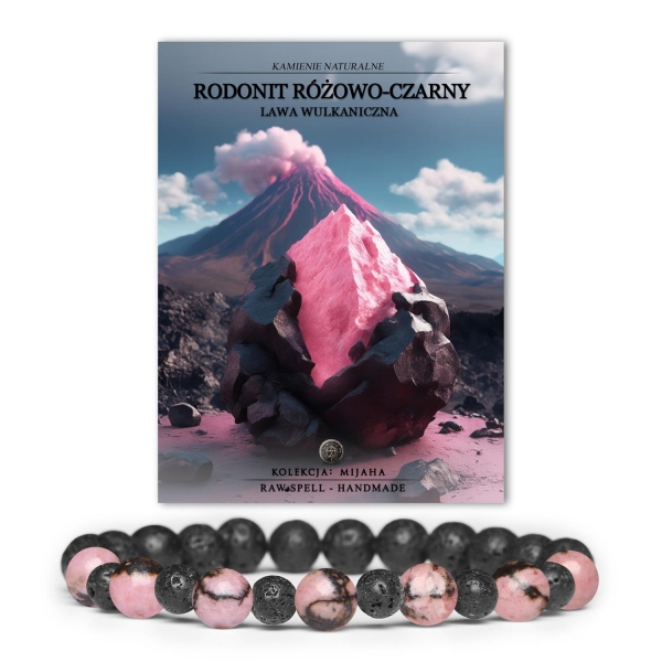 Stylowa bransoletka z kolekcji Mijaha, wykonana z różowo-czarnych kamieni rodonitu i lawy wulkanicznej - unisex.