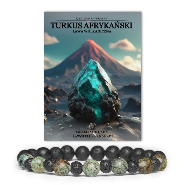 Bransoletka Mijaha z naturalnymi kamieniami: turkus afrykański i lawa wulkaniczna, idealna dla kobiet i mężczyzn.