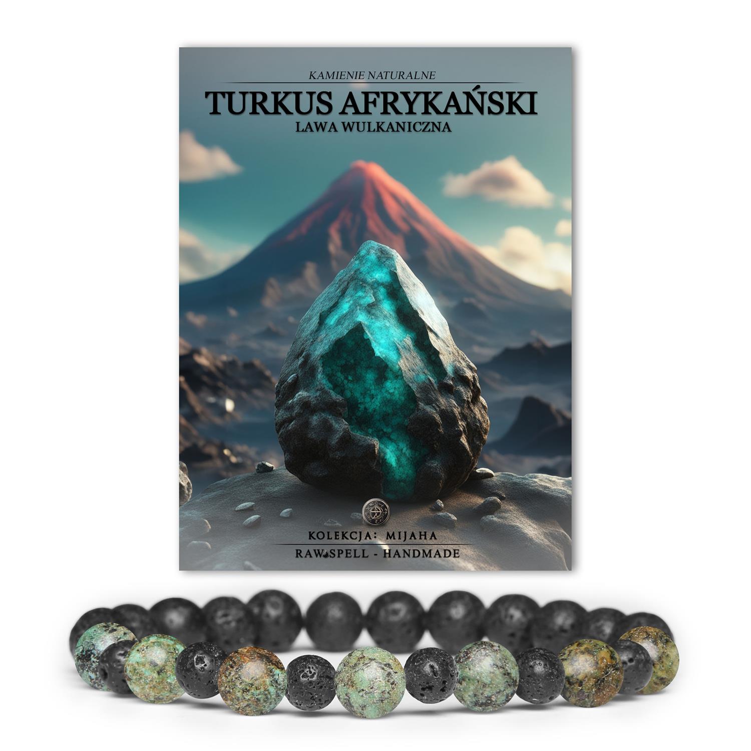 Bransoletka Mijaha z naturalnymi kamieniami: turkus afrykański i lawa wulkaniczna, idealna dla kobiet i mężczyzn.