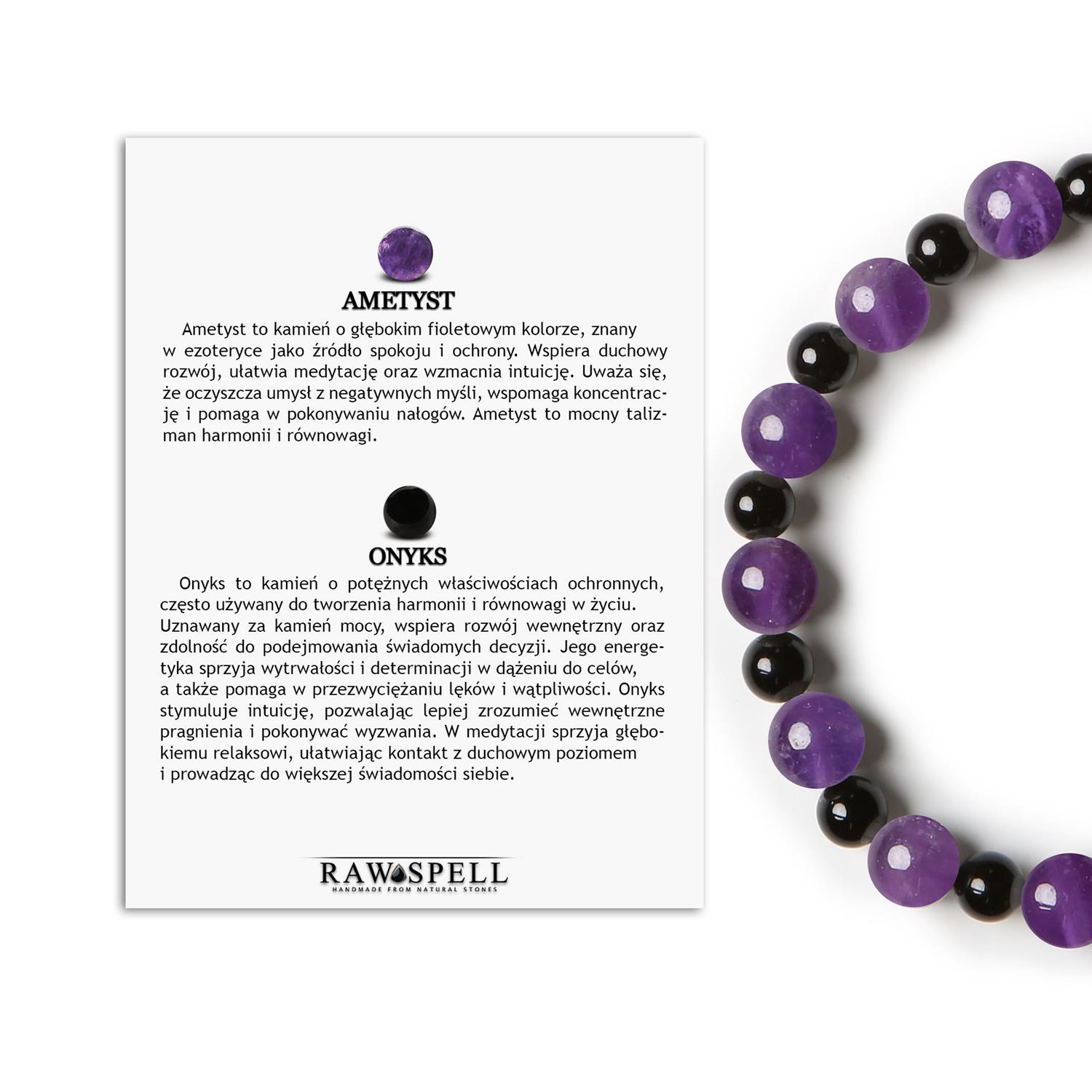 Bransoletka Mijaha z naturalnych kamieni - ametyst i onyks, unise Bransoletka Mijaha z ametystu i onyksu na gumce - dla każdego, kto docenia naturalne piękno