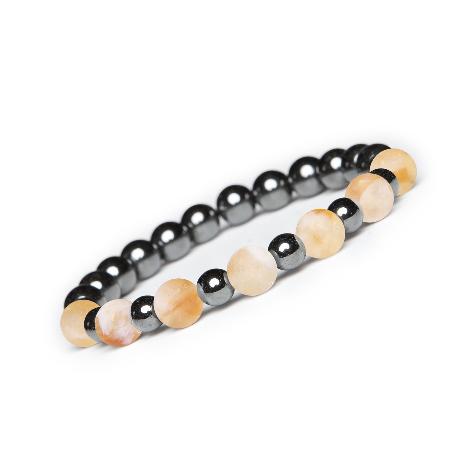 Bransoletka Mijaha z naturalnych kamieni cytryn cieniowany i hematyt grafitowy, idealna dla kobiet Kolekcja Mijaha: elegancka biżuteria w odcieniach cieniowanego cytrynu i grafitowego hematytu, stworzona dla kobiet i mężczyzn.