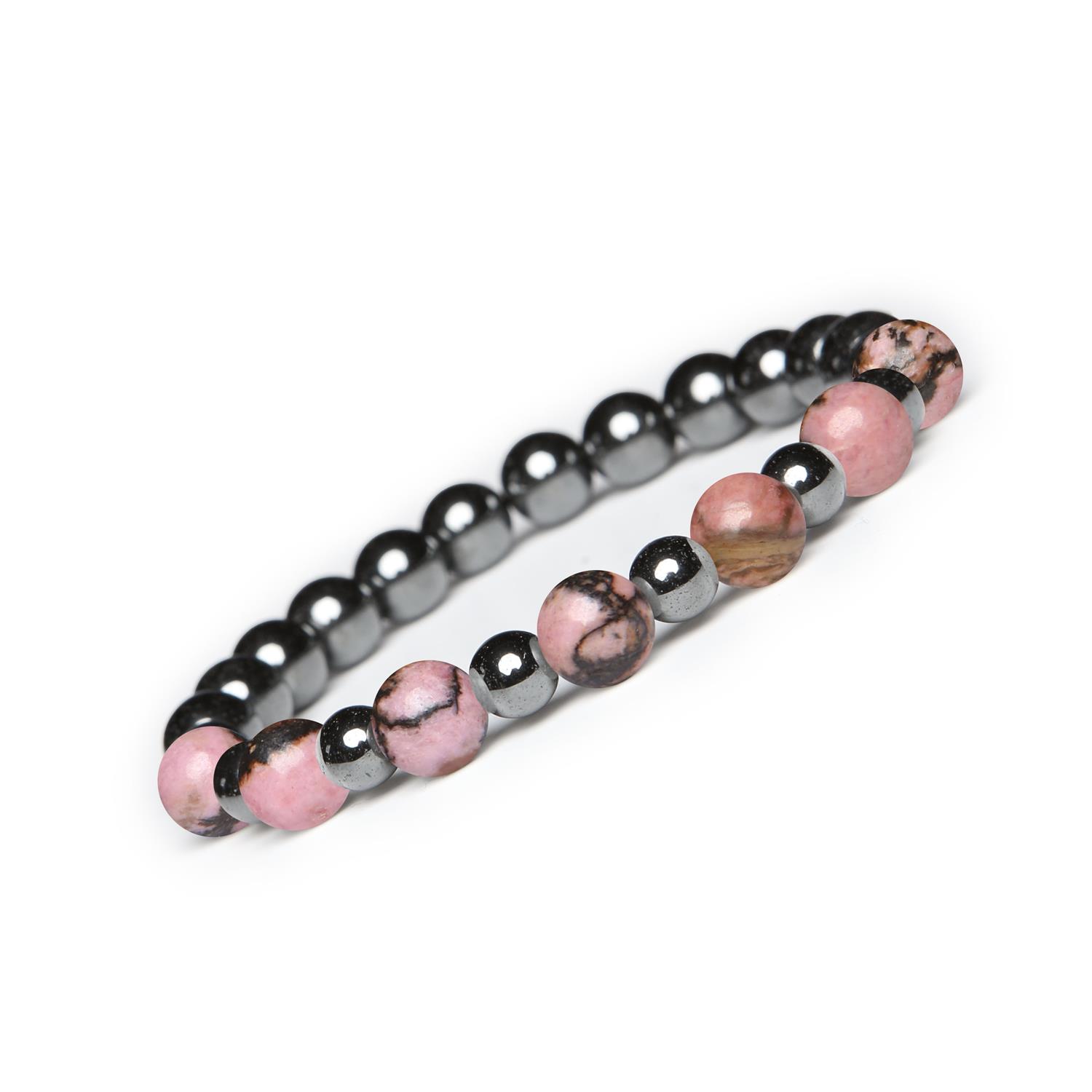 Bransoletka Mijaha z naturalnych kamieni rodonit różowo-czarny i hematyt grafitowy, idealna dla Stylowa bransoletka z kolekcji Mijaha, wykonana z różowo-czarnego rodonitu i hematytu grafitowego, odpowiednia dla obu płci.