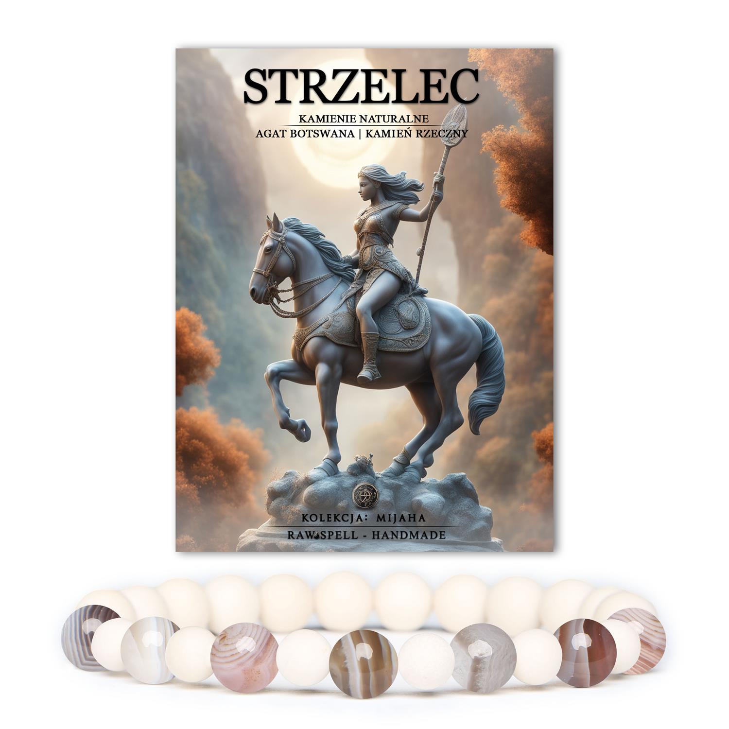 Bransoletka na gumce z naturalnych kamieni, w tym agat Botswana i kamień rzeczny, idealna dla Strzelca. Stylizacja unisex w kolekcji Mijaha