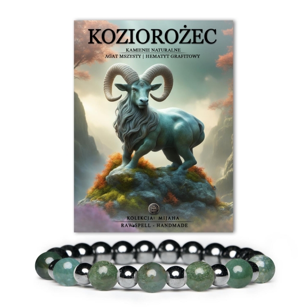 Bransoletka Koziorożca z naturalnych kamieni: Agat Mszysty i Hematyt Grafitowy, doskonały wybór dla kobiet i mężczyzn z Mijaha.