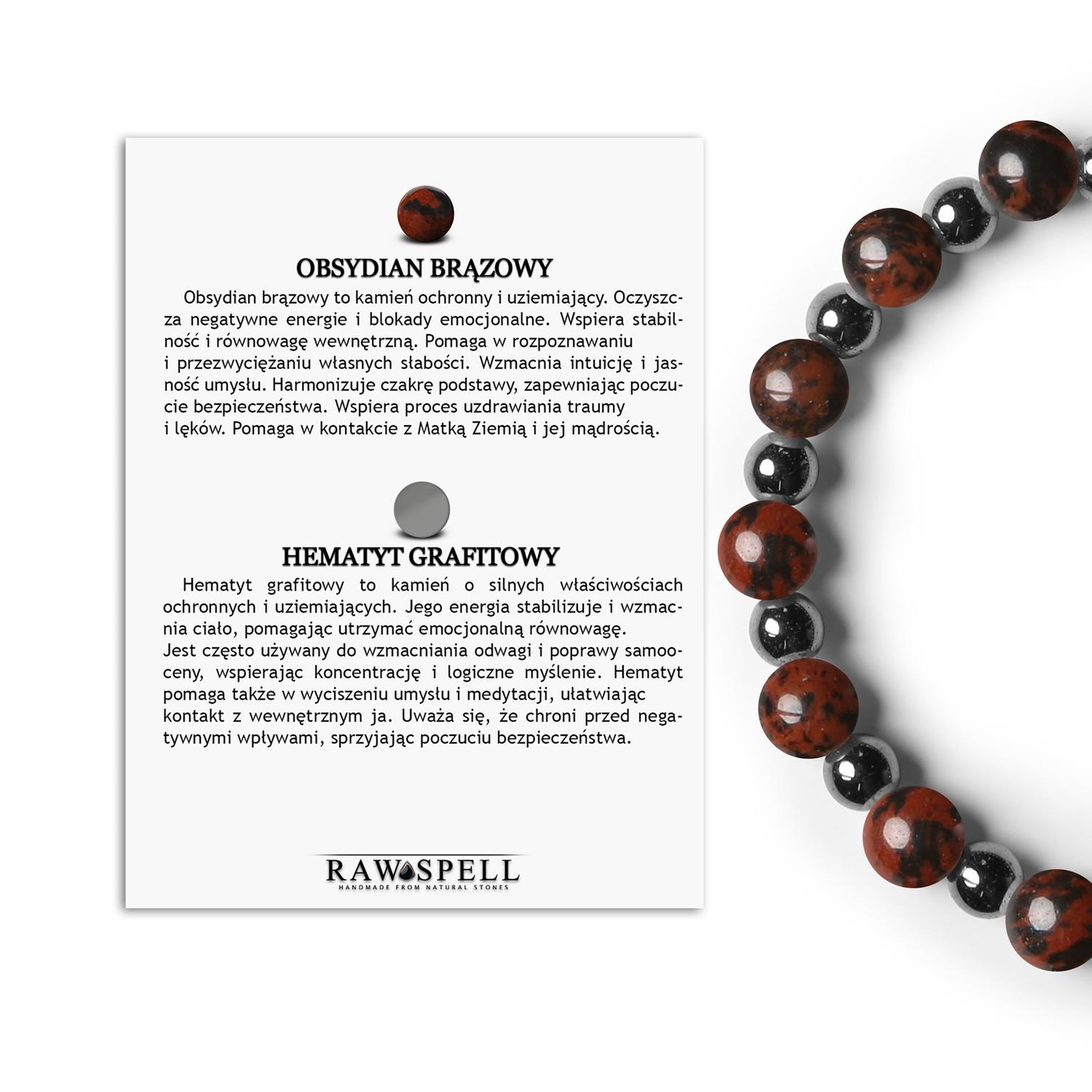 Bransoletka na gumce z kamieni naturalnych Mijaha - obsydian brązowy i hematyt grafitowy, unisex Brązowy obsydian i grafitowy hematyt - biżuteria dla kobiet i mężczyzn z kolekcji Mijaha