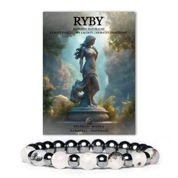 Bransoletka Księżycowy Łaciaty i Hematyt Grafitowy. Muzyka natury na Twoim nadgarstku! Doskonała dla osób spod znaku Ryby.
