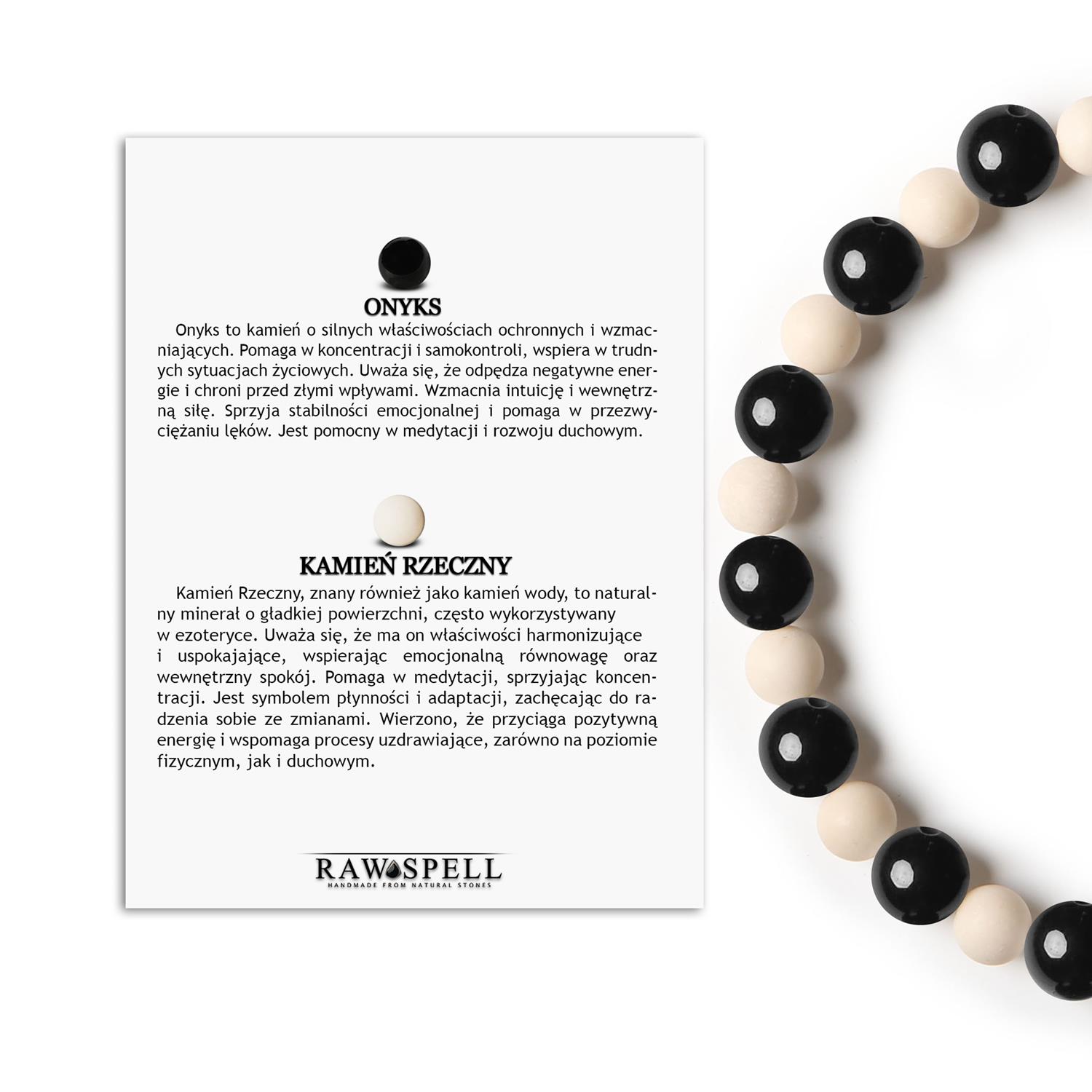 Bransoletka na gumce z kamieni naturalnych z kolekcji Mijaha - Onyks i Kamień Rzeczny, doskonały wybór dla kobiet Bransoletka z kolekcji Mijaha, ozdobiona naturalnymi kamieniami - onyks i kamień rzeczny, unisex, pasująca do różnych stylizacji.