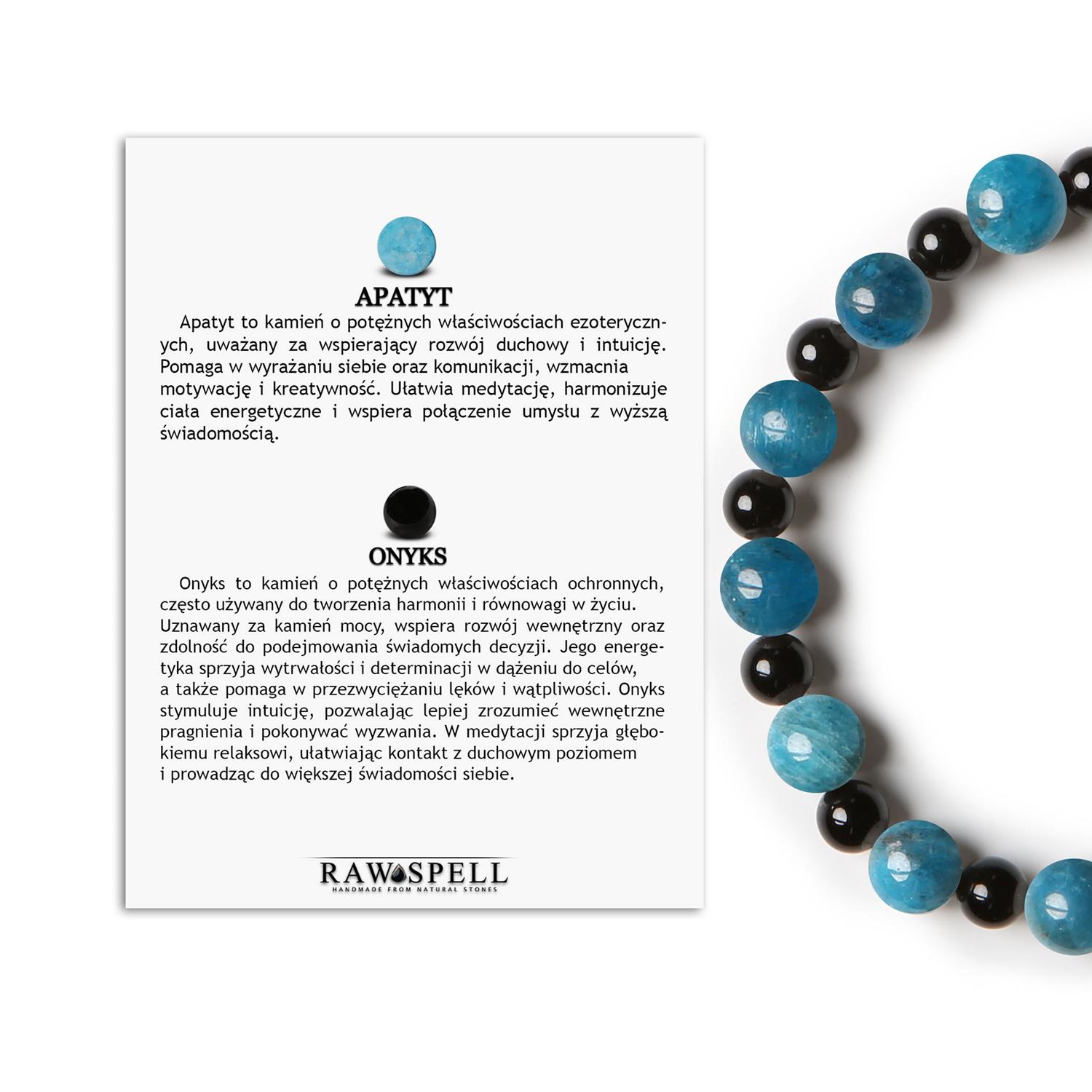 Bransoletka na gumce z kolekcji Mijaha, kamienie apatyt i onyks, idealna dla kobiet i mężczyzn Stylowa bransoletka z kolekcji Mijaha: apatyt i onyks, uniwersalna dla wszystkich