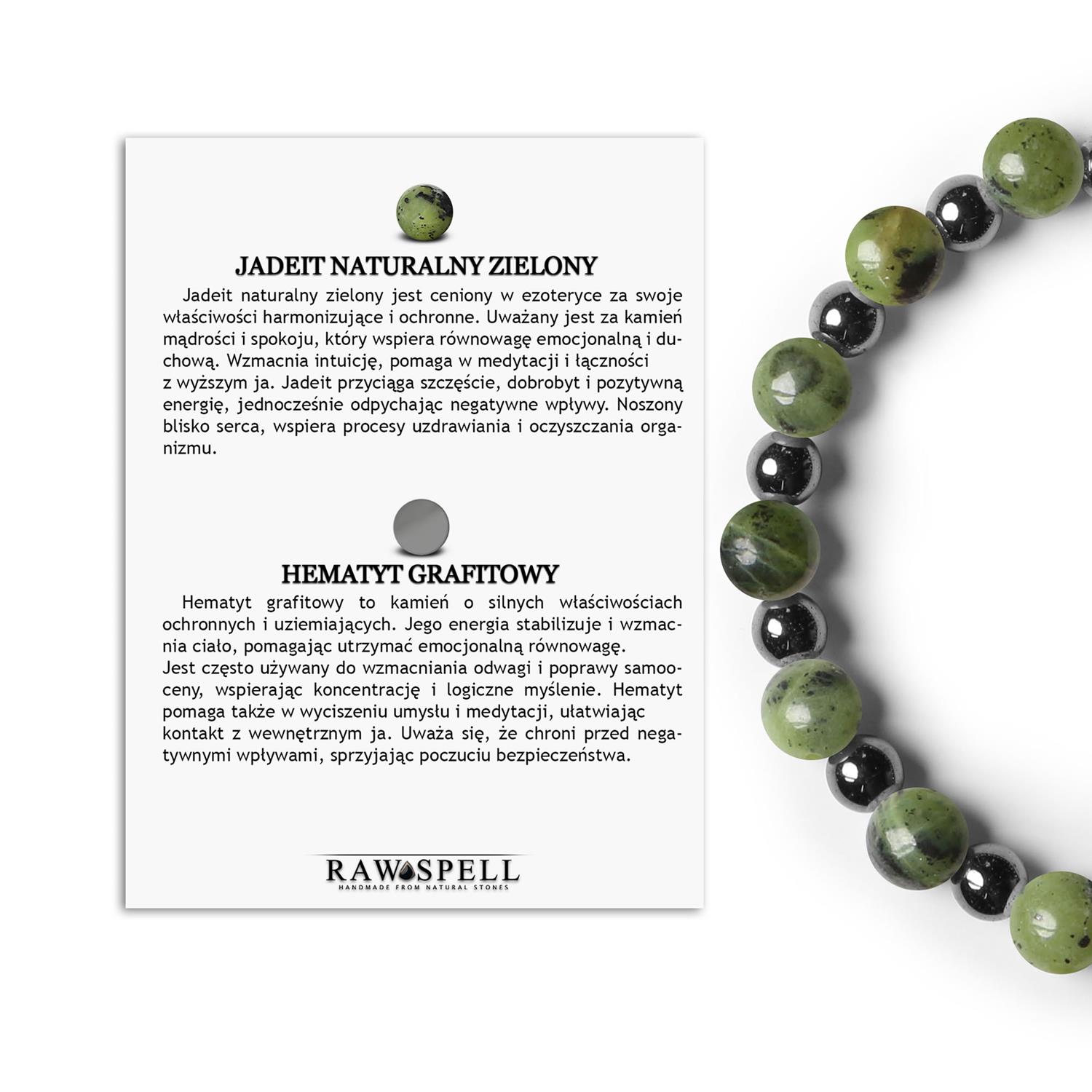 Bransoletka na gumce z kolekcji Mijaha, łącząca jadeit zielony z hematytem grafitowym, unisex Biżuteria z zielonego jadeitu i grafitowego hematytu, unisex, kolekcja Mijaha.