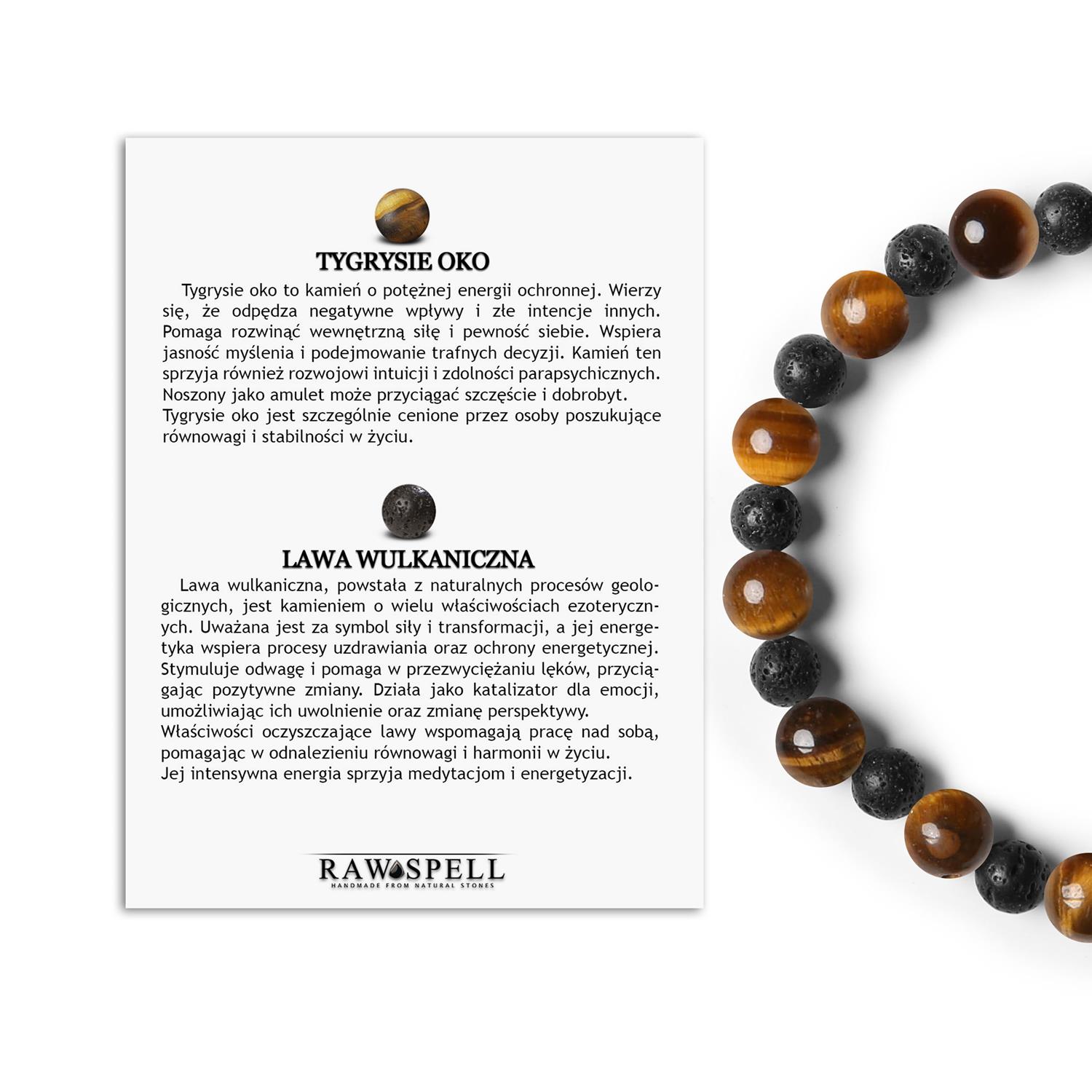 Bransoletka na gumce z kolekcji Mijaha - naturalne kamienie Tygrysie Oko i Lawa Wulkaniczna, dedykowana zarówno Ekskluzywna bransoletka z kolekcji Mijaha, wykonana z Tygrysiego Oka i Lawy Wulkanicznej, dedykowana kobietom i mężczyznom.