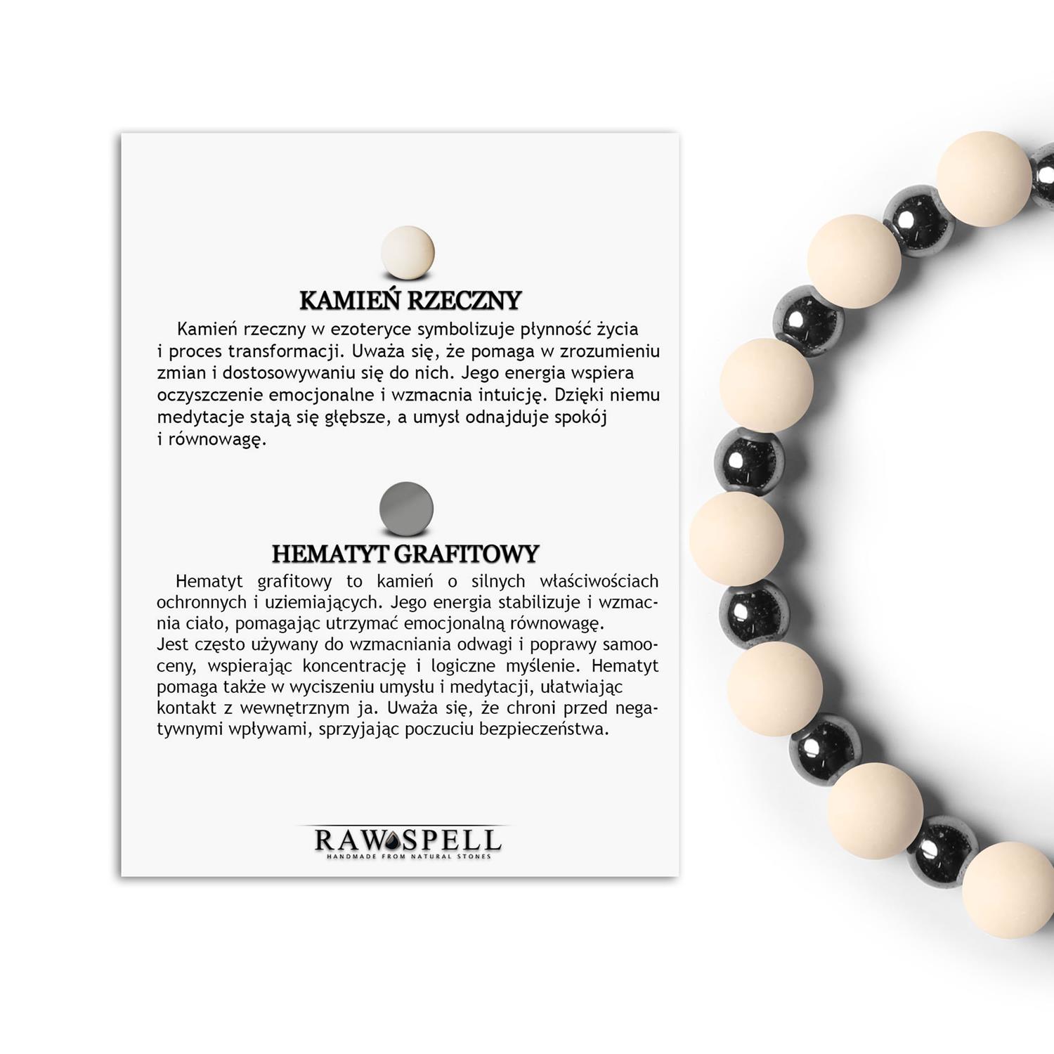 Bransoletka na gumce z kolekcji Mijaha, z Kamieniem Rzecznym i Hematytem grafitowym, idealna dla kobiet i męż Kolekcja Mijaha: kamień rzeczny hematyt grafitowy, uniwersalny design dla kobiet i mężczyzn.