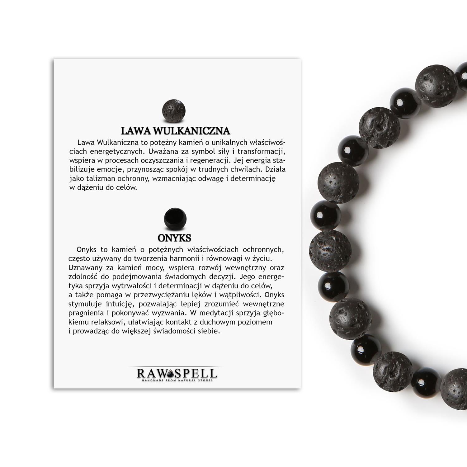 Bransoletka na gumce z lawą wulkaniczną i onyksami z kolekcji Mijaha, doskonała dla obu płci Unikalna bransoletka z kamieni naturalnych na gumce z kolekcji Mijaha, stworzona dla kobiet i mężczyzn