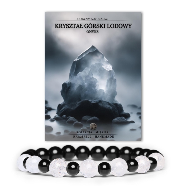 Mijaha: Bransoletka z kamieni naturalnych na gumce, Kryształ Górski Lodowy i Onyks, unisex