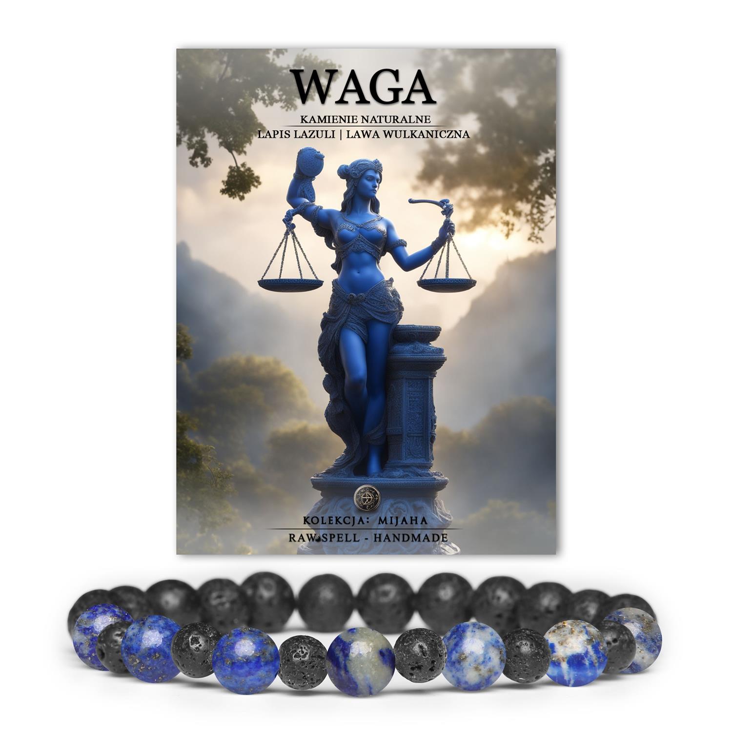 Odkryj bransoletkę na gumce Mijaha z lapis lazuli i lawy wulkanicznej. Idealna dla Wagi – stylowa biżuteria dla niej i dla niego.